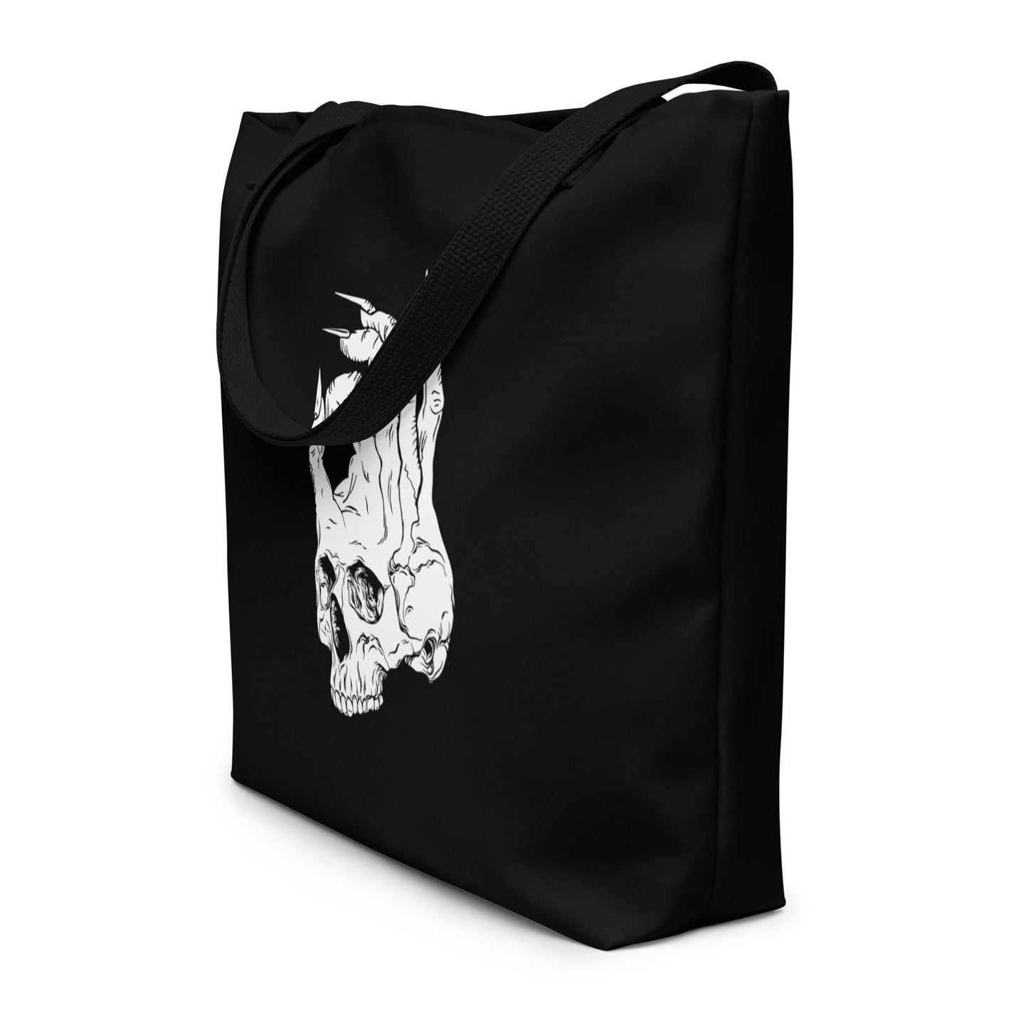 Left front view of Hellbeing skull logo black large tote bag