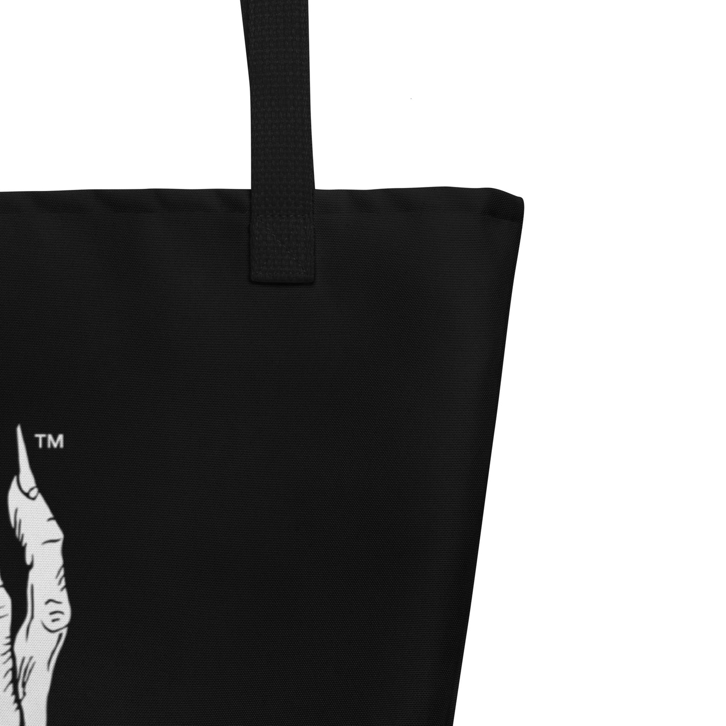 Zoom in view of strap details of Hellbeing skull logo black large tote bag