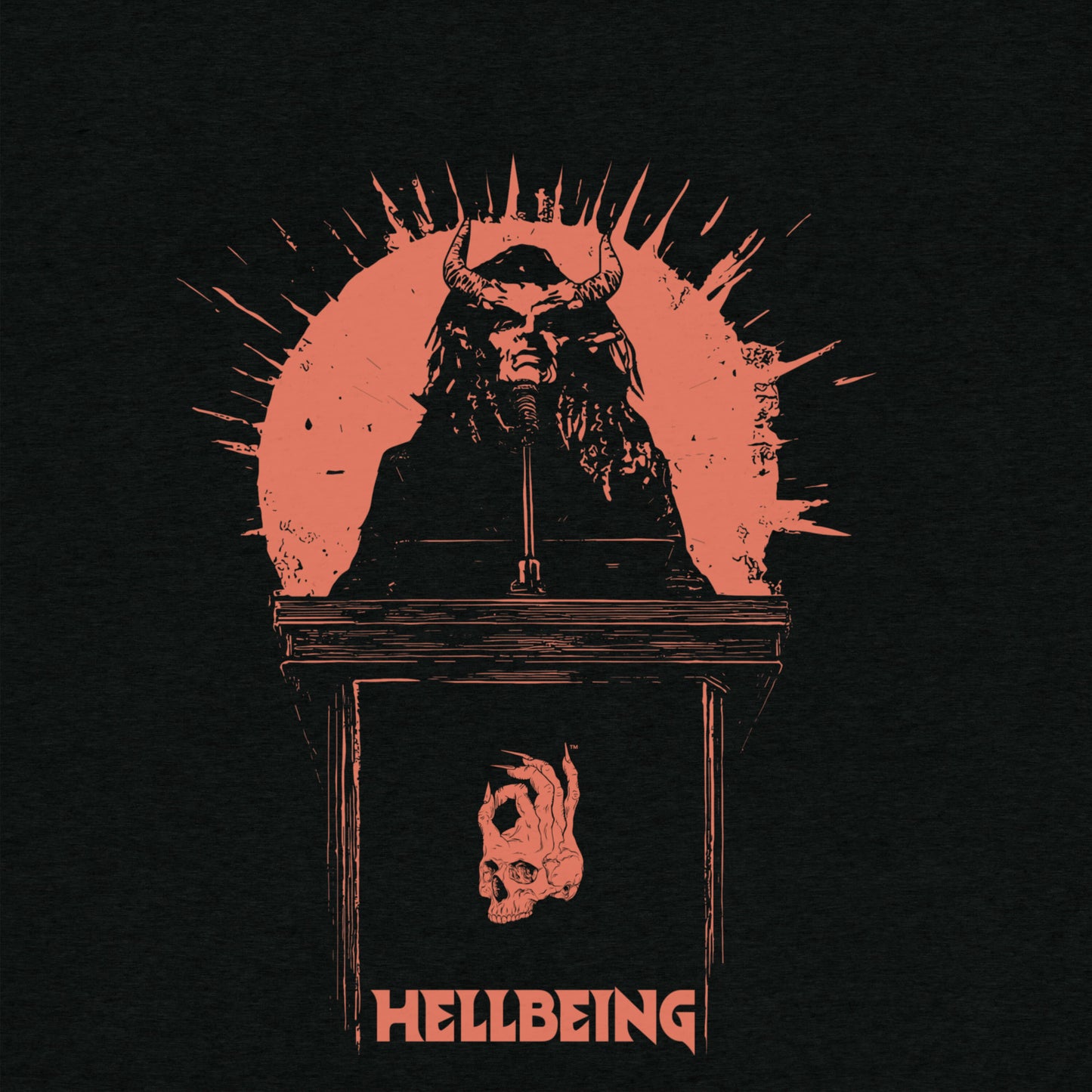 Front view of the Hellbeing Lucifer's pulpit unisex black t-shirt