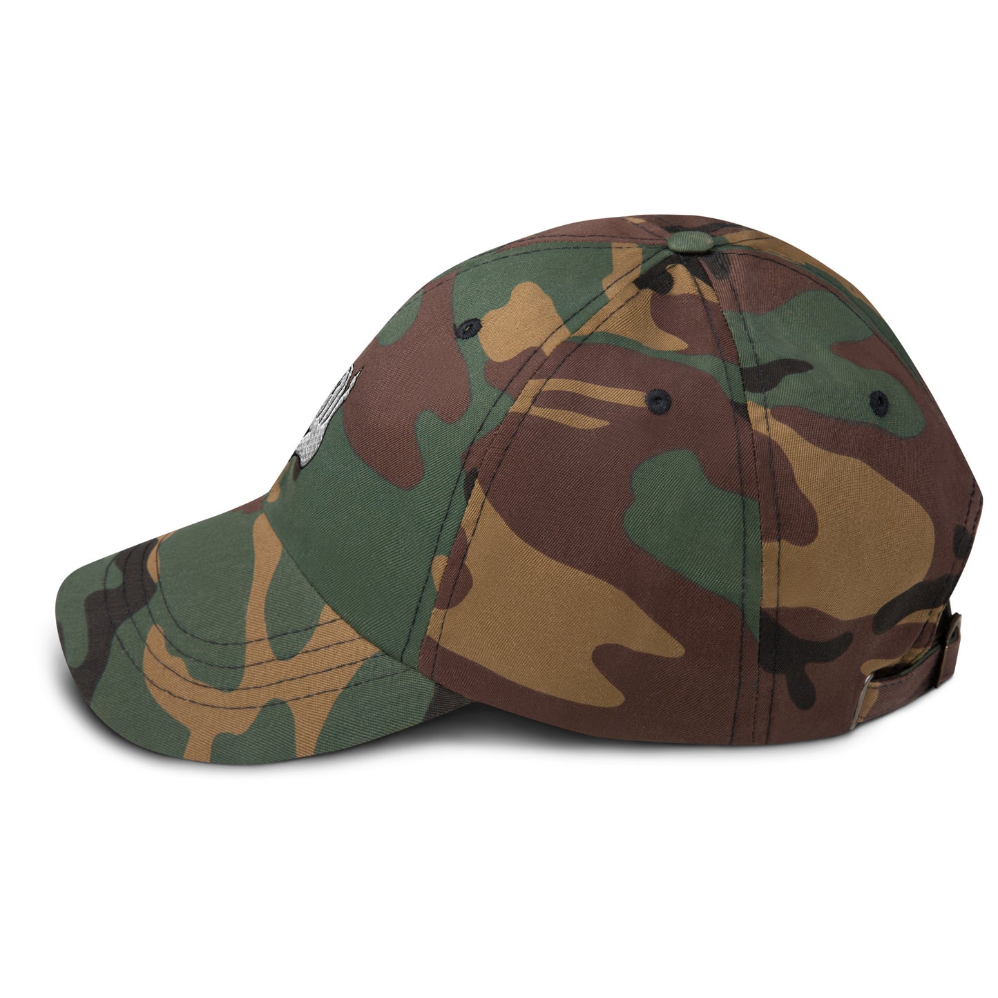 Left side view of Hellbeing embroidered skull logo camo dad hat