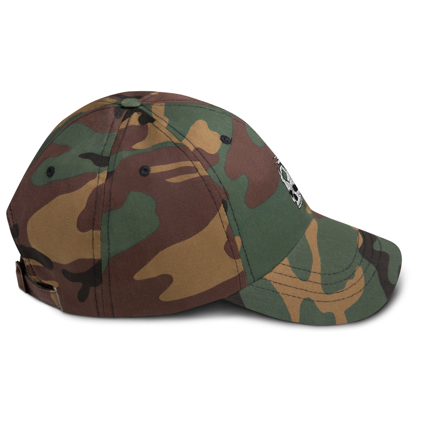 Right side view of Hellbeing embroidered skull logo camo dad hat