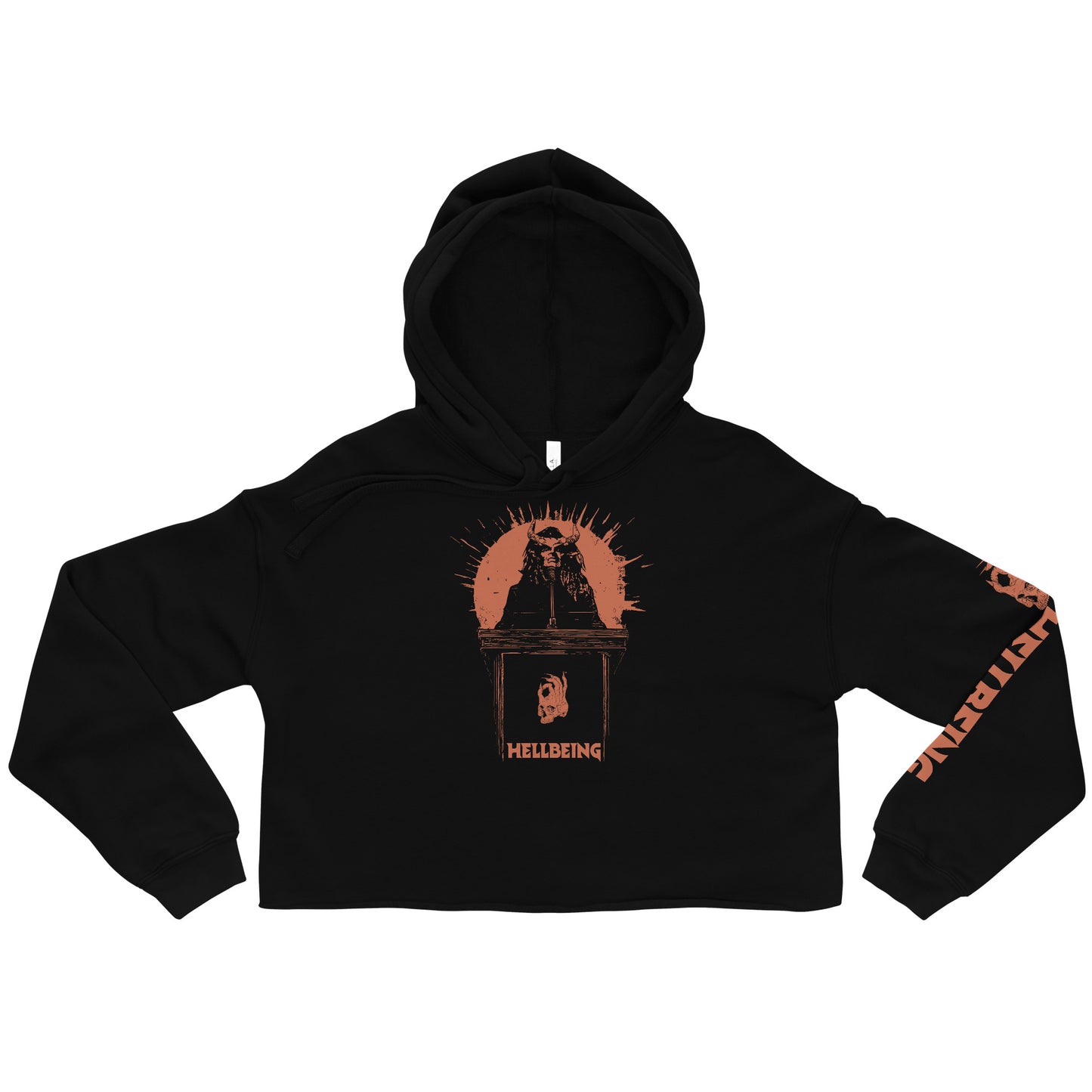 Top front view of the Hellbeing Lucifer's Pulpit women's cropped black hoodie