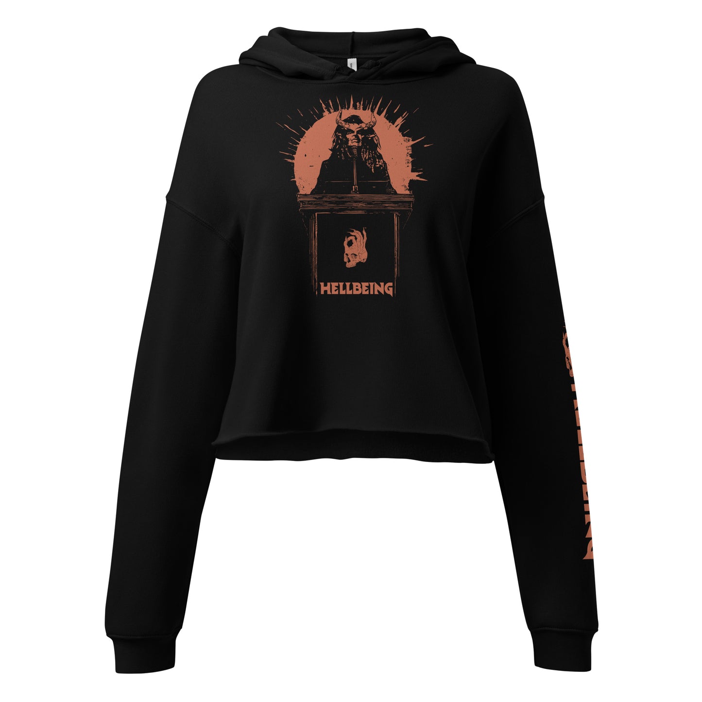 Front view of the Hellbeing Lucifer's Pulpit women's cropped black hoodie