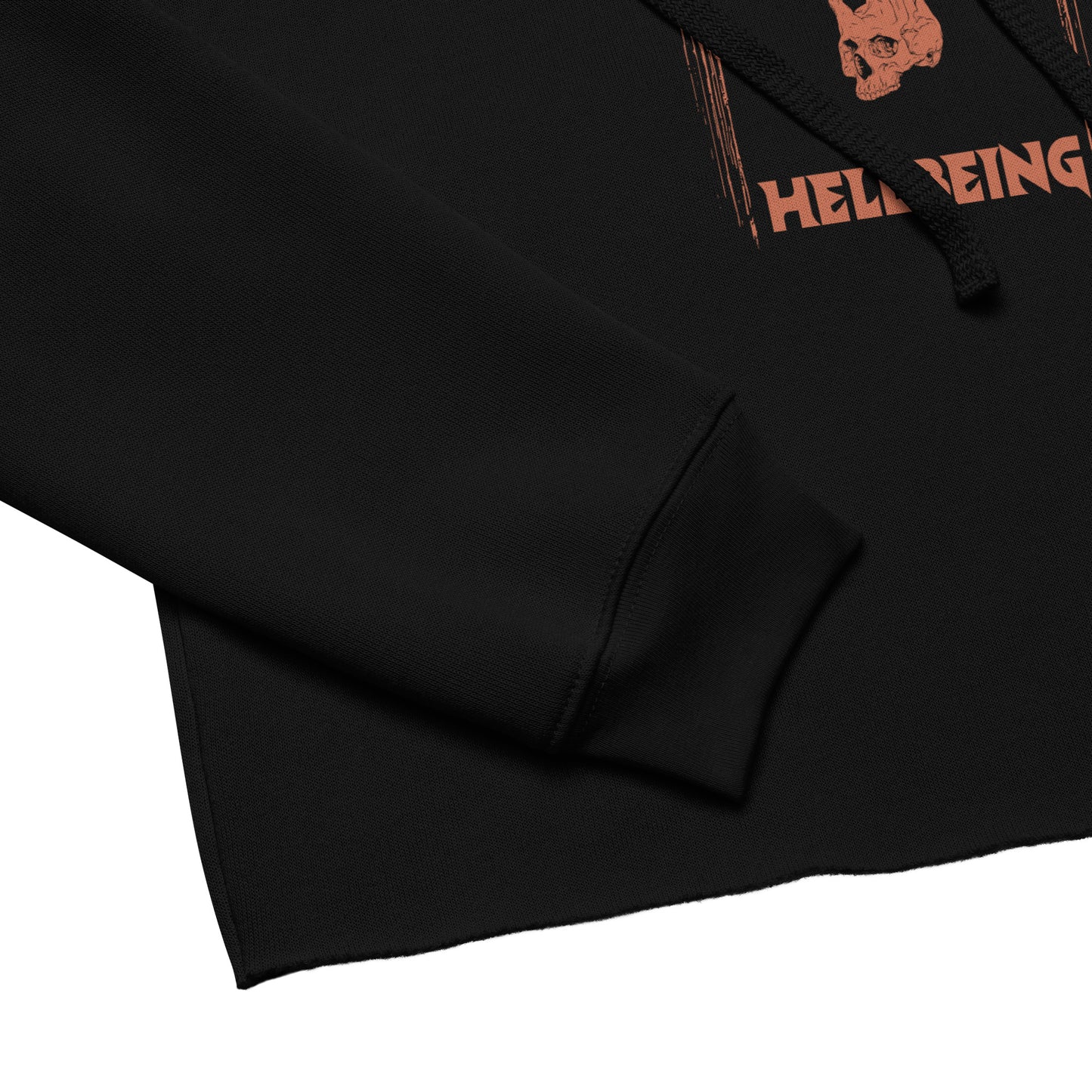 Close up sleeve view of the Hellbeing Lucifer's Pulpit women's cropped black hoodie