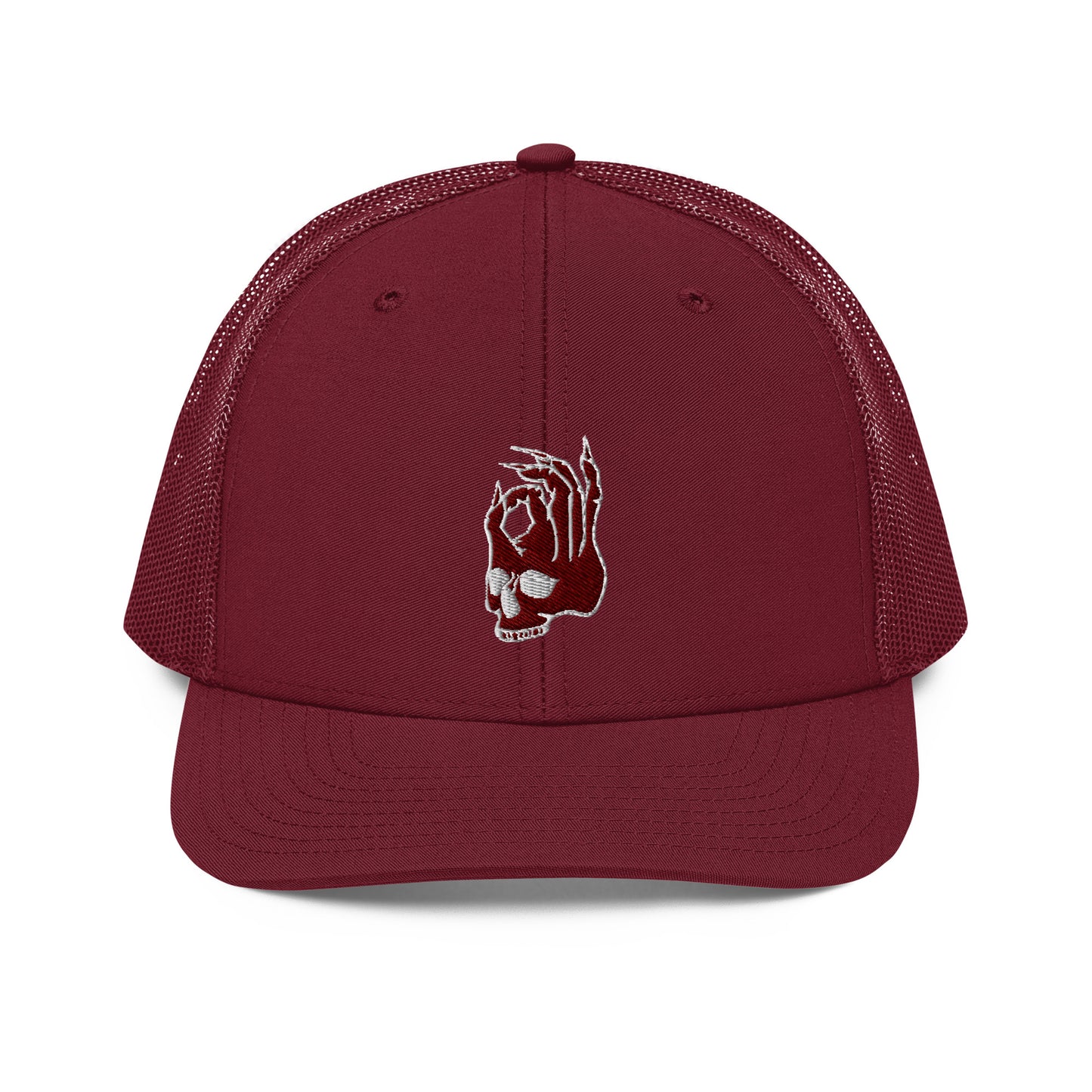 Hellbeing embroidered skull logo on a burgundy snapback trucker cap from the front