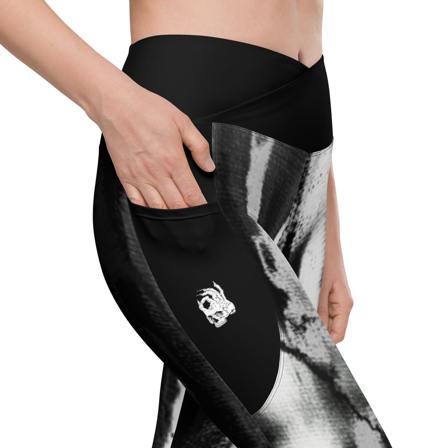 Right side view of the Hellbeing activewear grayscale women's recycled crossover leggings