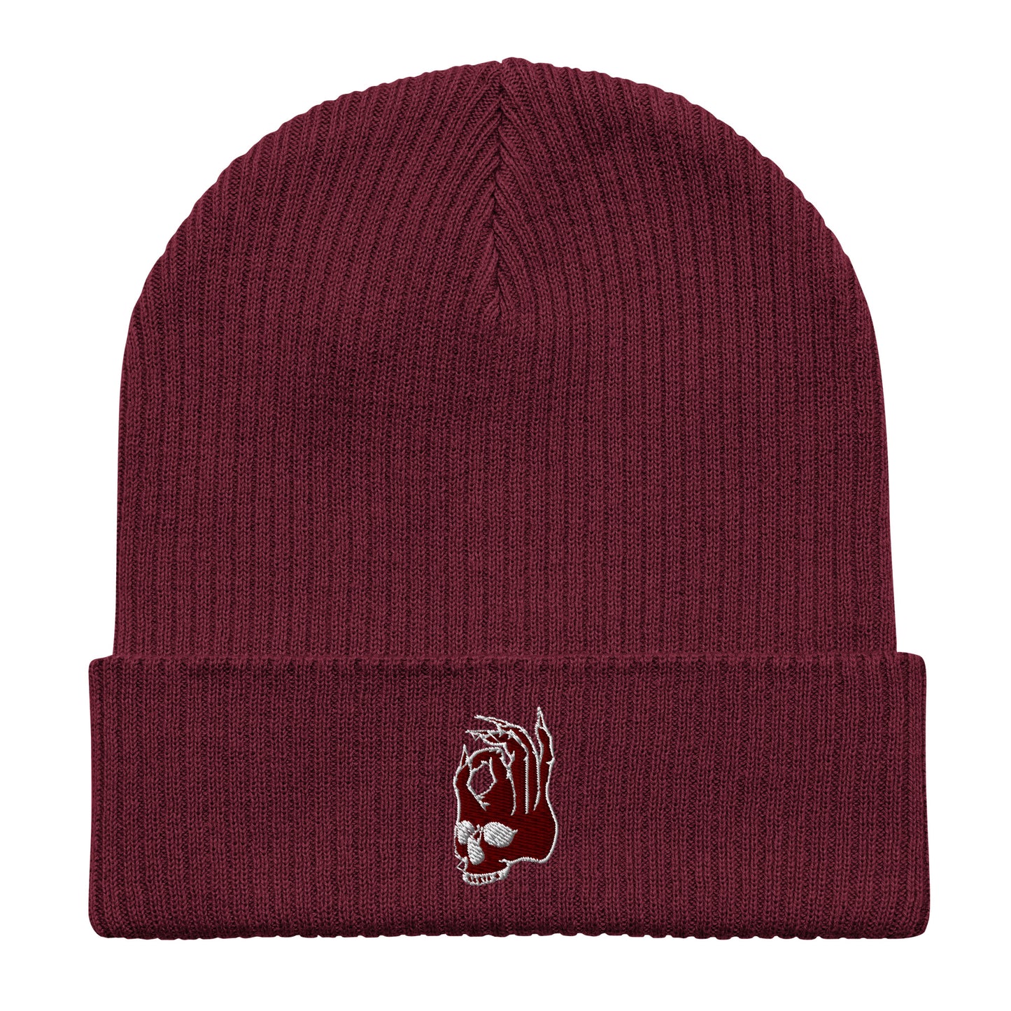Hellbeing embroidered skull logo burgundy organic skull cap beanie front view