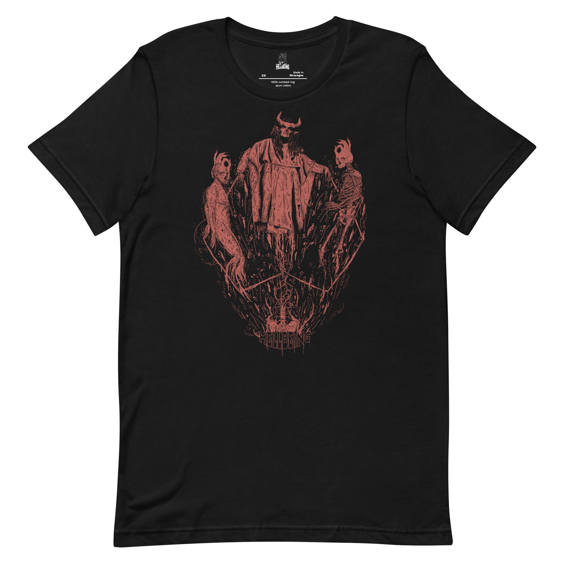 Front view of the Hellbeing Overlord unisex black t-shirt