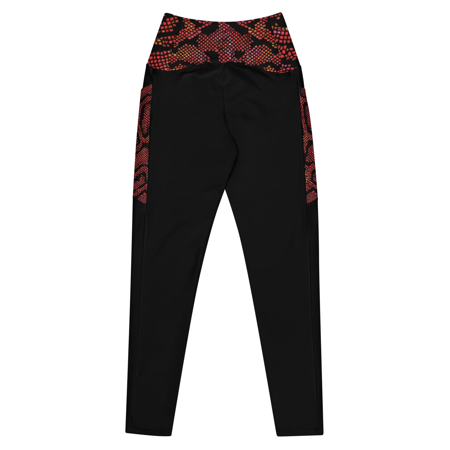 Back view of the Hellbeing recycled crossover leggings in black and burgundy snakeskin