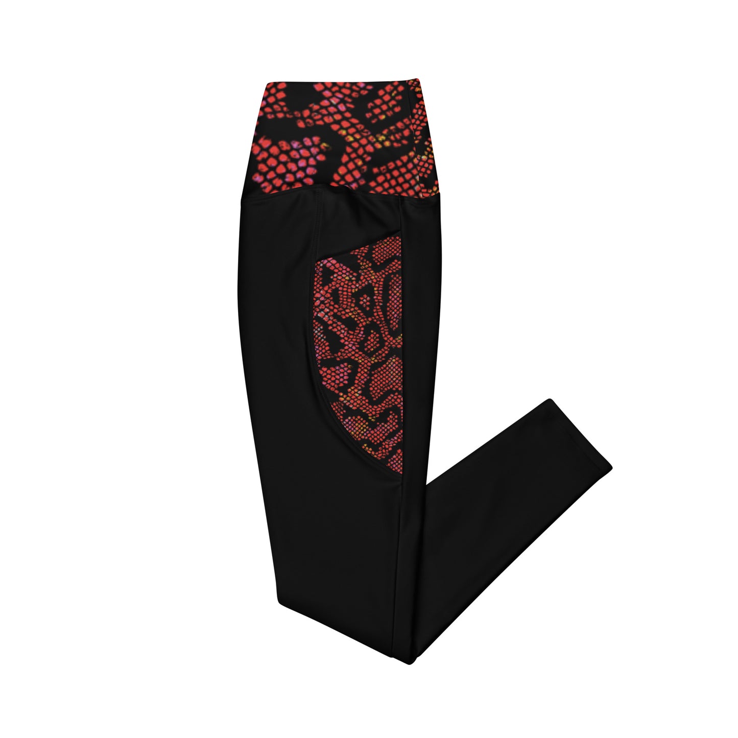 Side folded view of the Hellbeing recycled crossover leggings in black and burgundy snakeskin