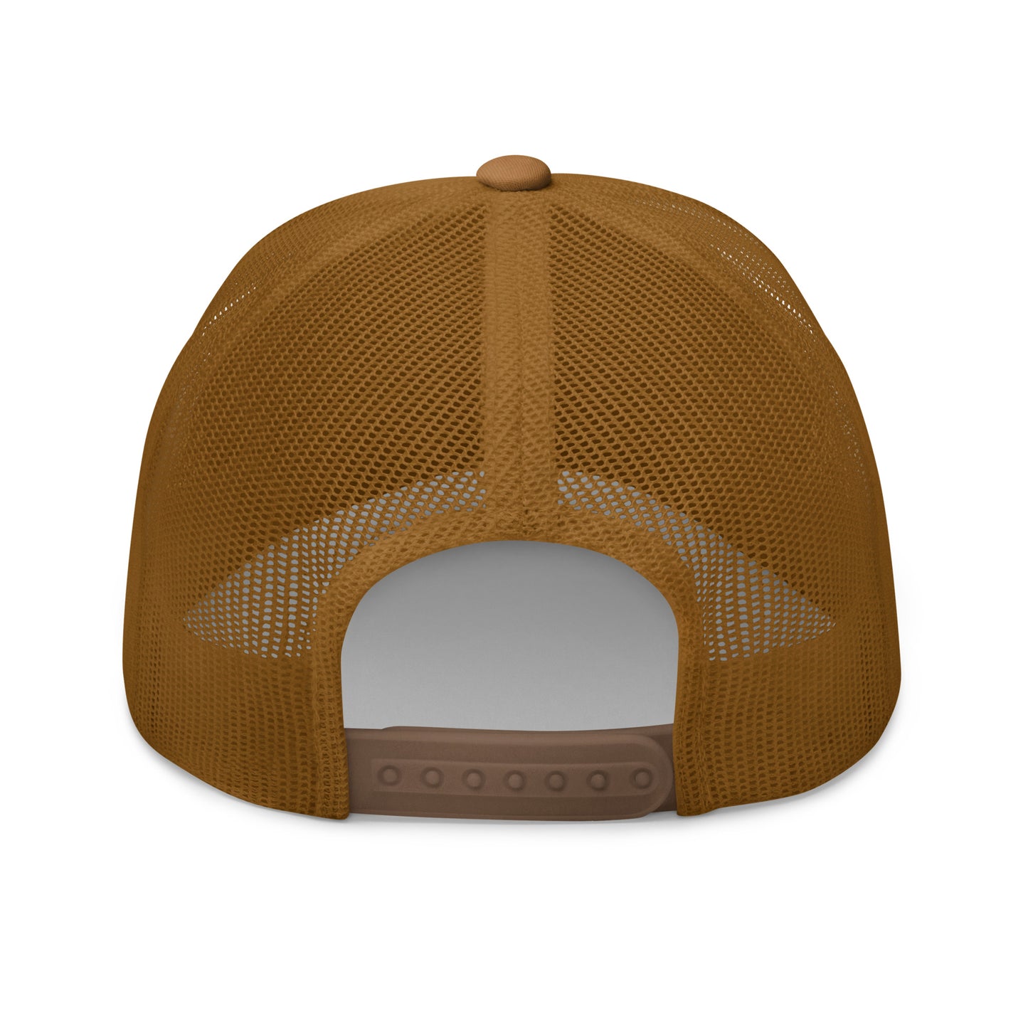 Back view of Hellbeing skull embroidered brown trucker hat