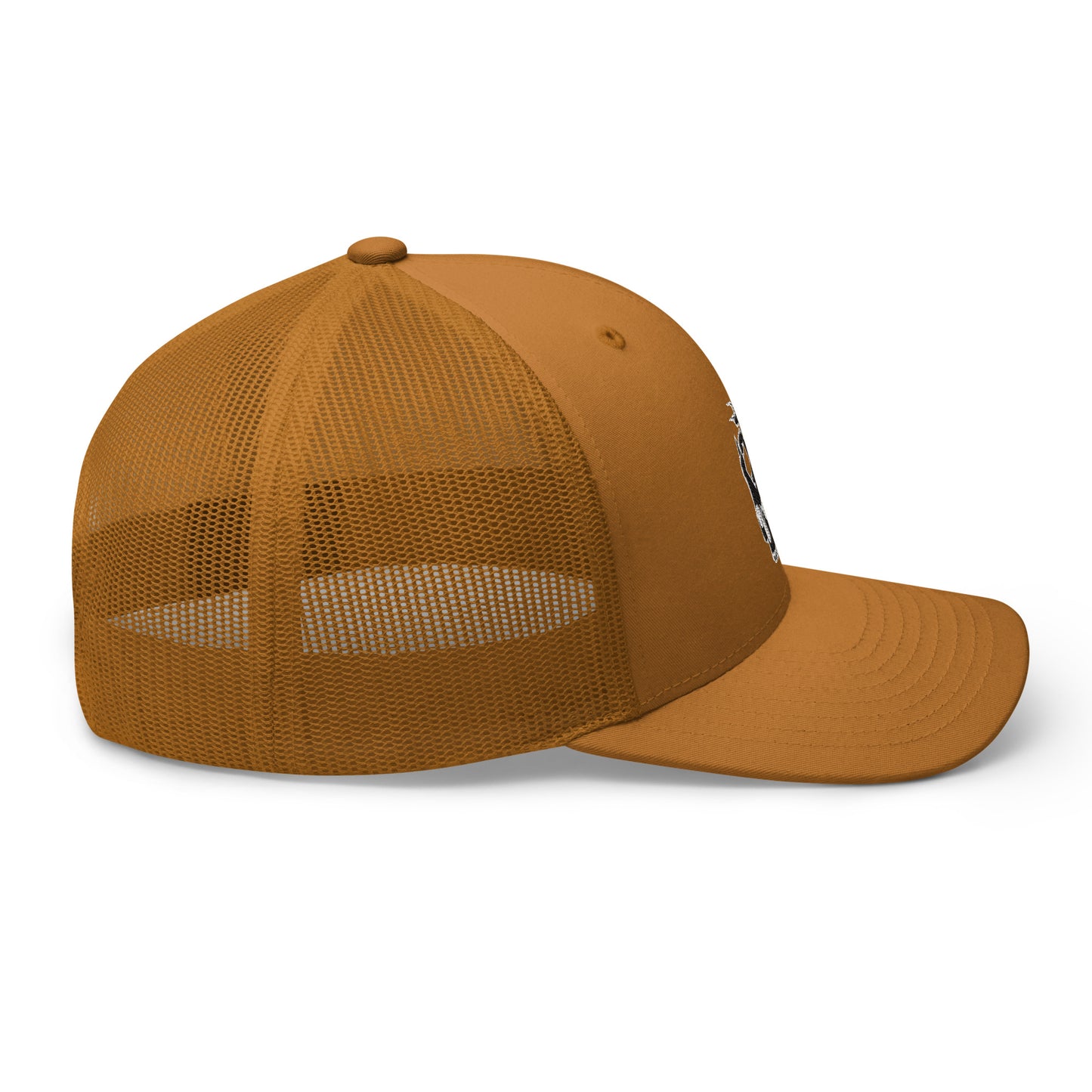 Right side view of Hellbeing skull embroidered brown trucker hat