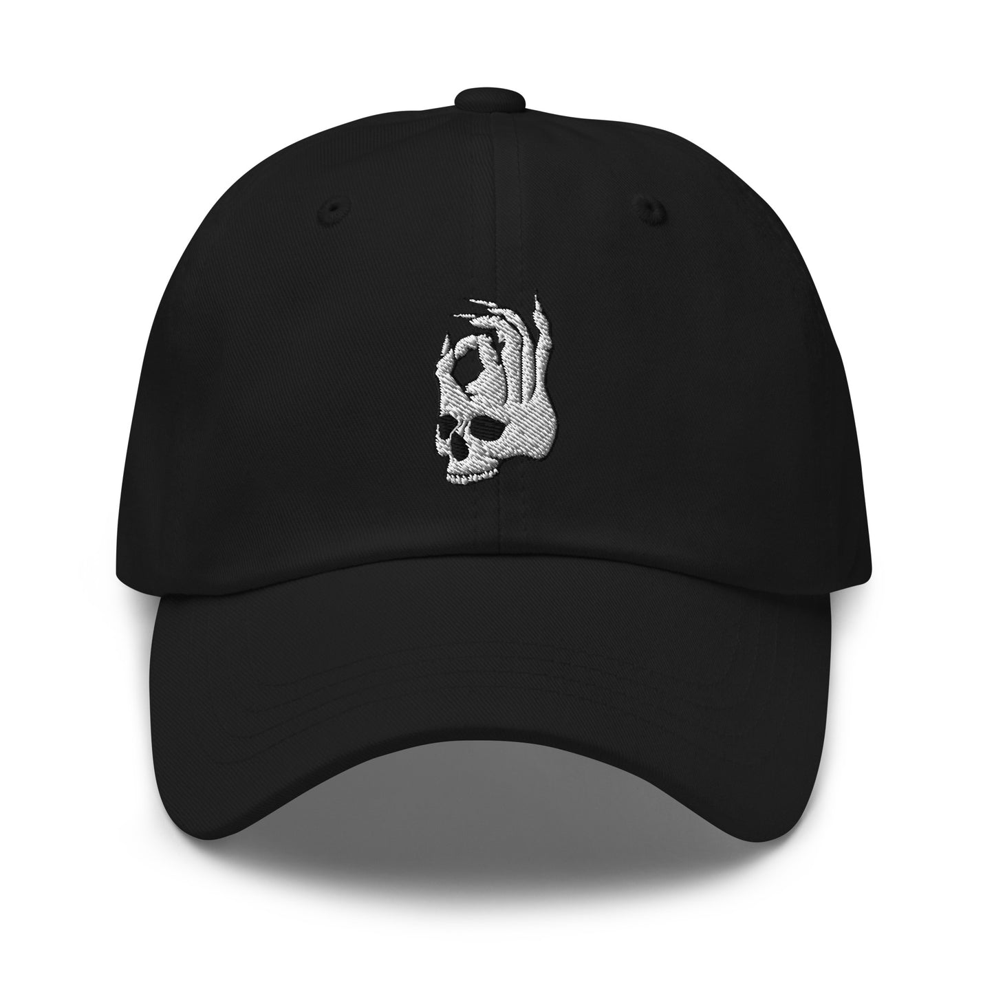 Front view of the Hellbeing skull embroidered black classic dad hat