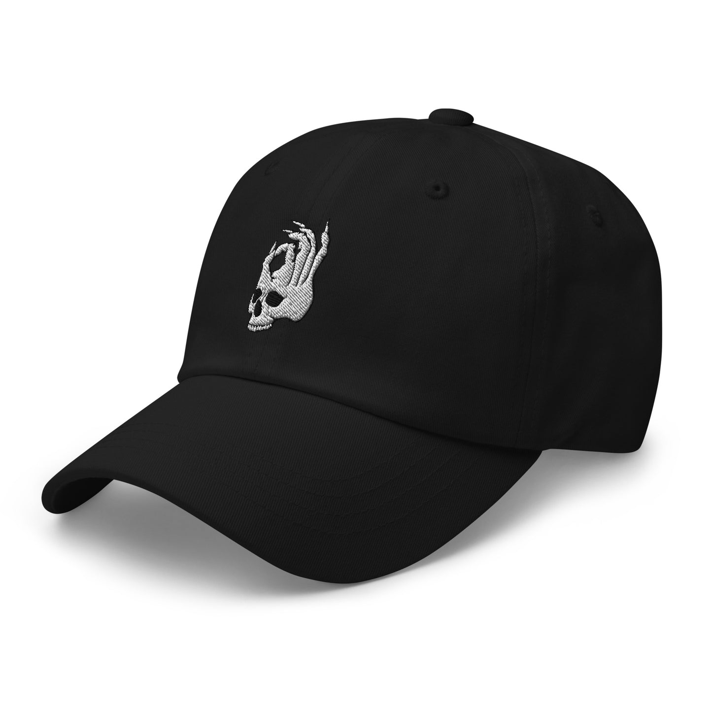Front view of the Hellbeing skull embroidered black classic dad hat