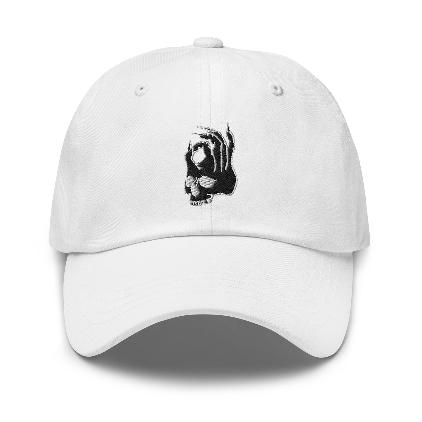 Front view of the Hellbeing skull embroidered white classic dad hat