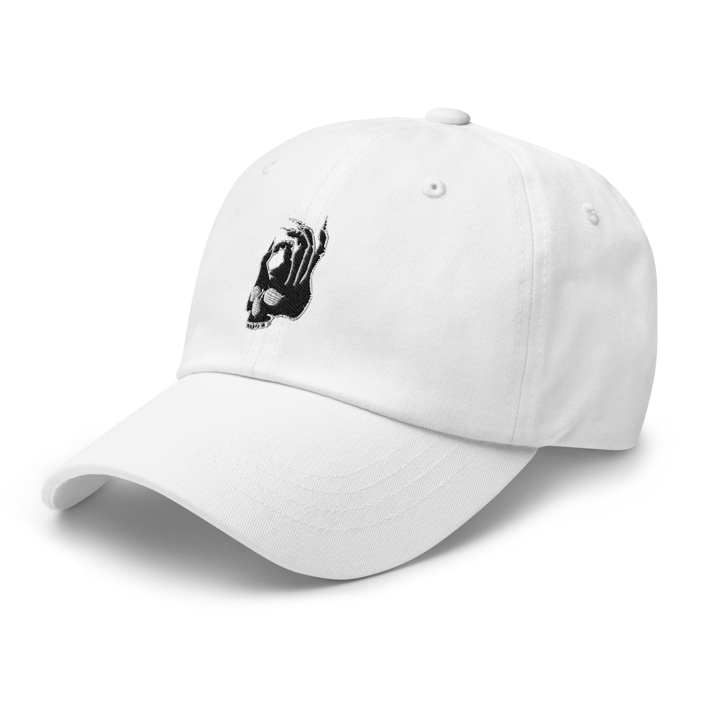Front view of the Hellbeing skull embroidered white classic dad hat