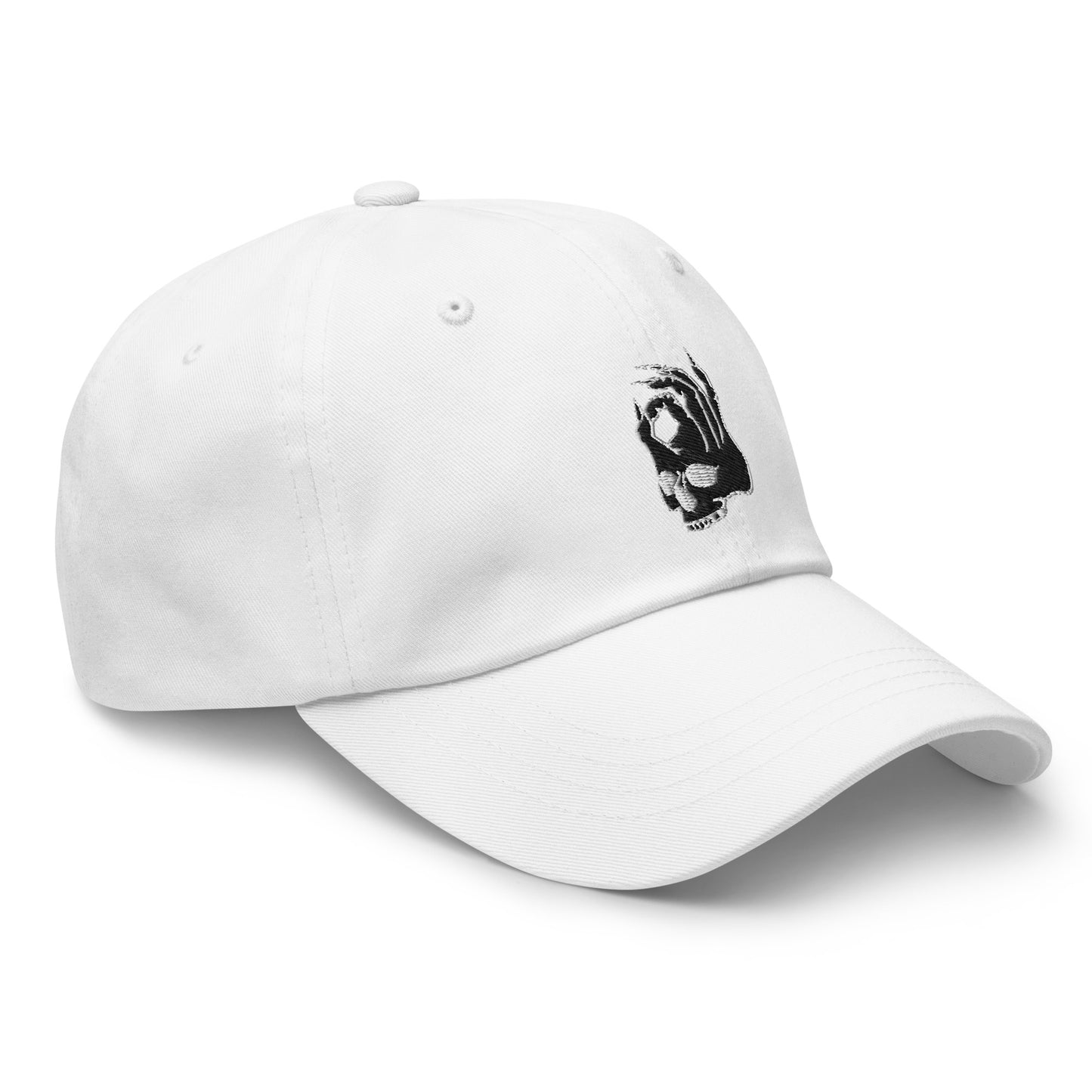 Front view of the Hellbeing skull embroidered white classic dad hat