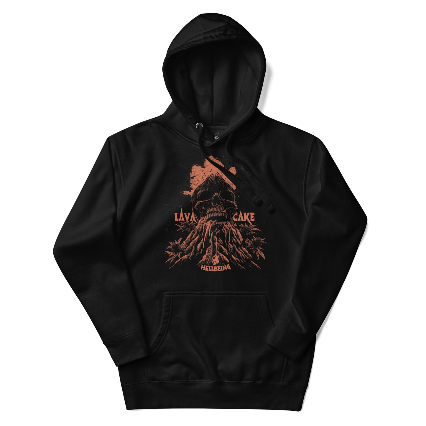 Front view of the Hellbeing cannabis Lava Cake strain unisex black hoodie