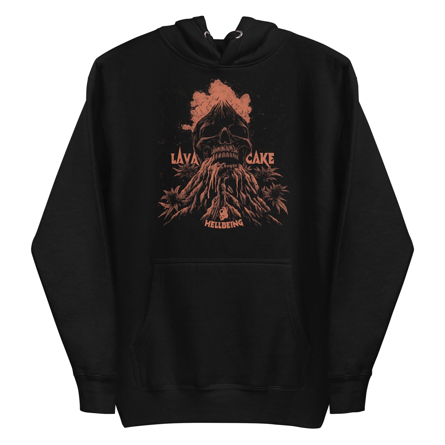 Front view of the Hellbeing cannabis Lava Cake strain unisex black hoodie