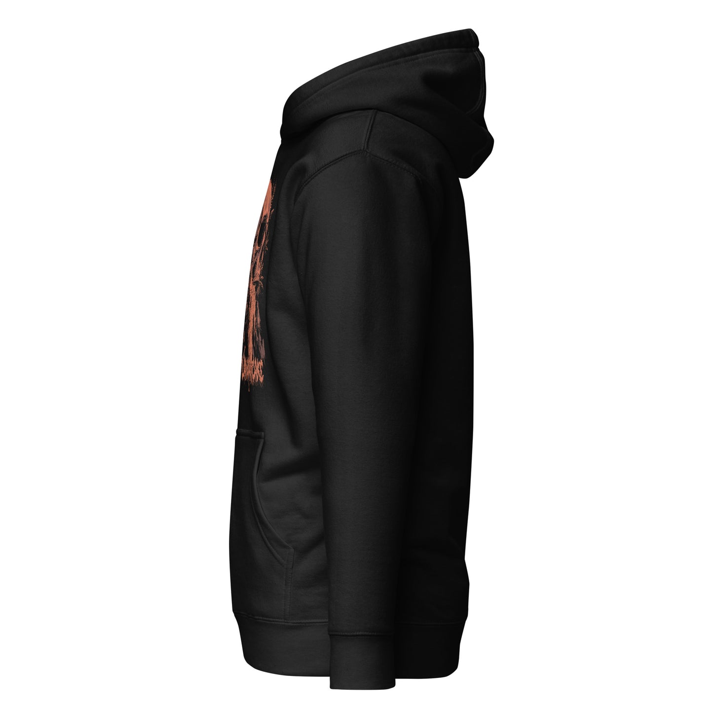 Left side view of the Hellbeing cannabis Lava Cake strain unisex black hoodie