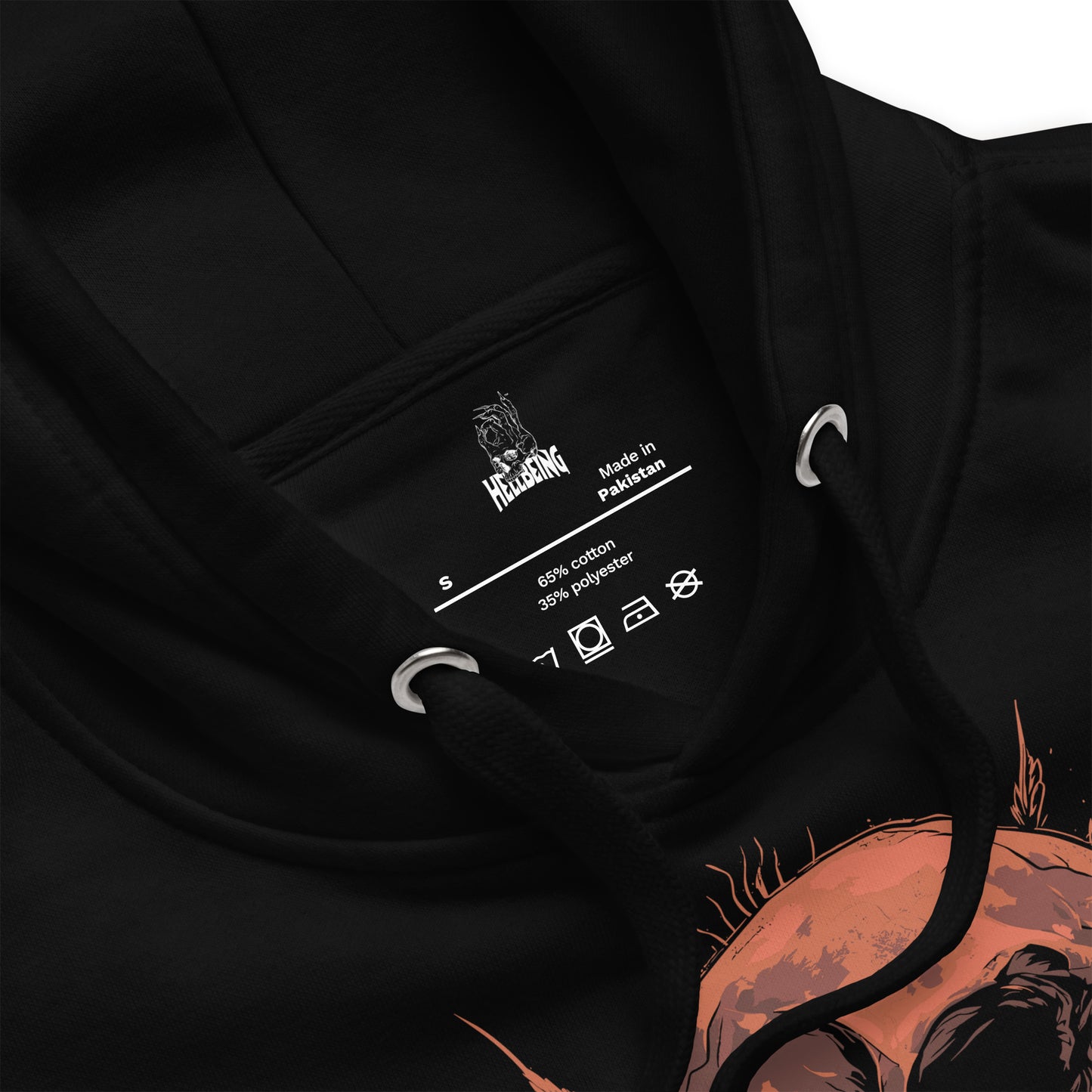 Inside label view of the Hellbeing cannabis Lava Cake strain unisex black hoodie
