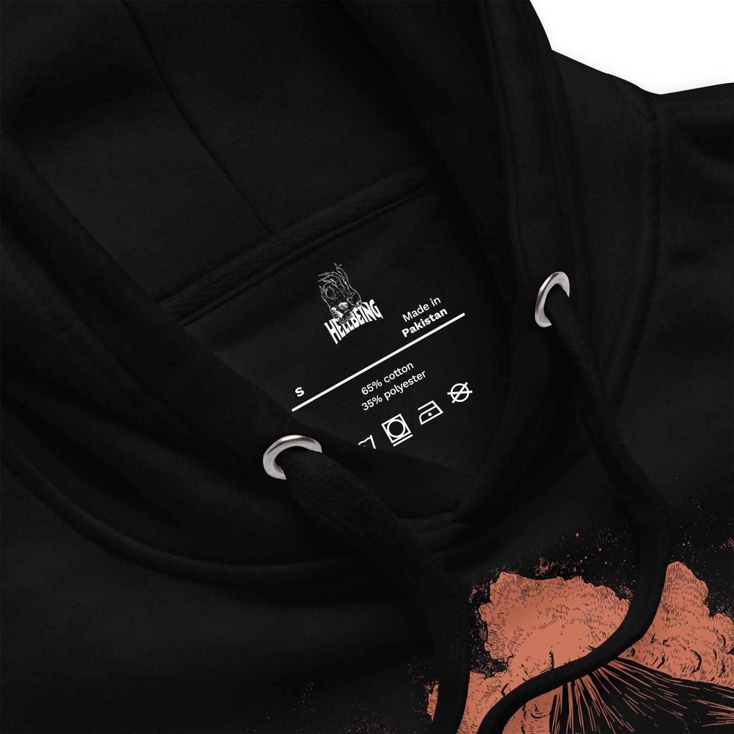 Inside label view of the Hellbeing cannabis Lava Cake strain unisex black hoodie