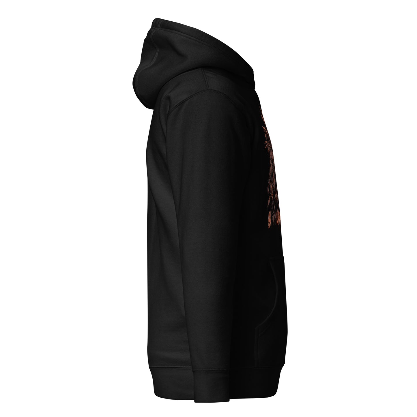 Right side view of the Hellbeing cannabis Lava Cake strain unisex black hoodie