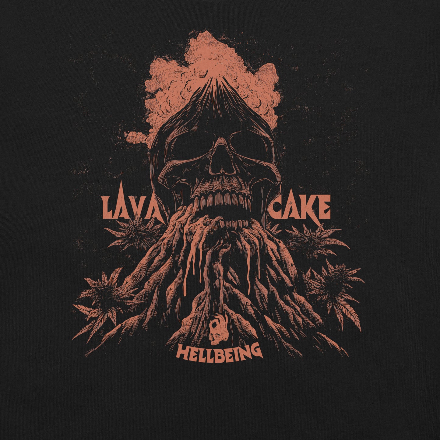 Artwork close up of the Hellbeing cannabis Lava Cake strain unisex black t-shirt