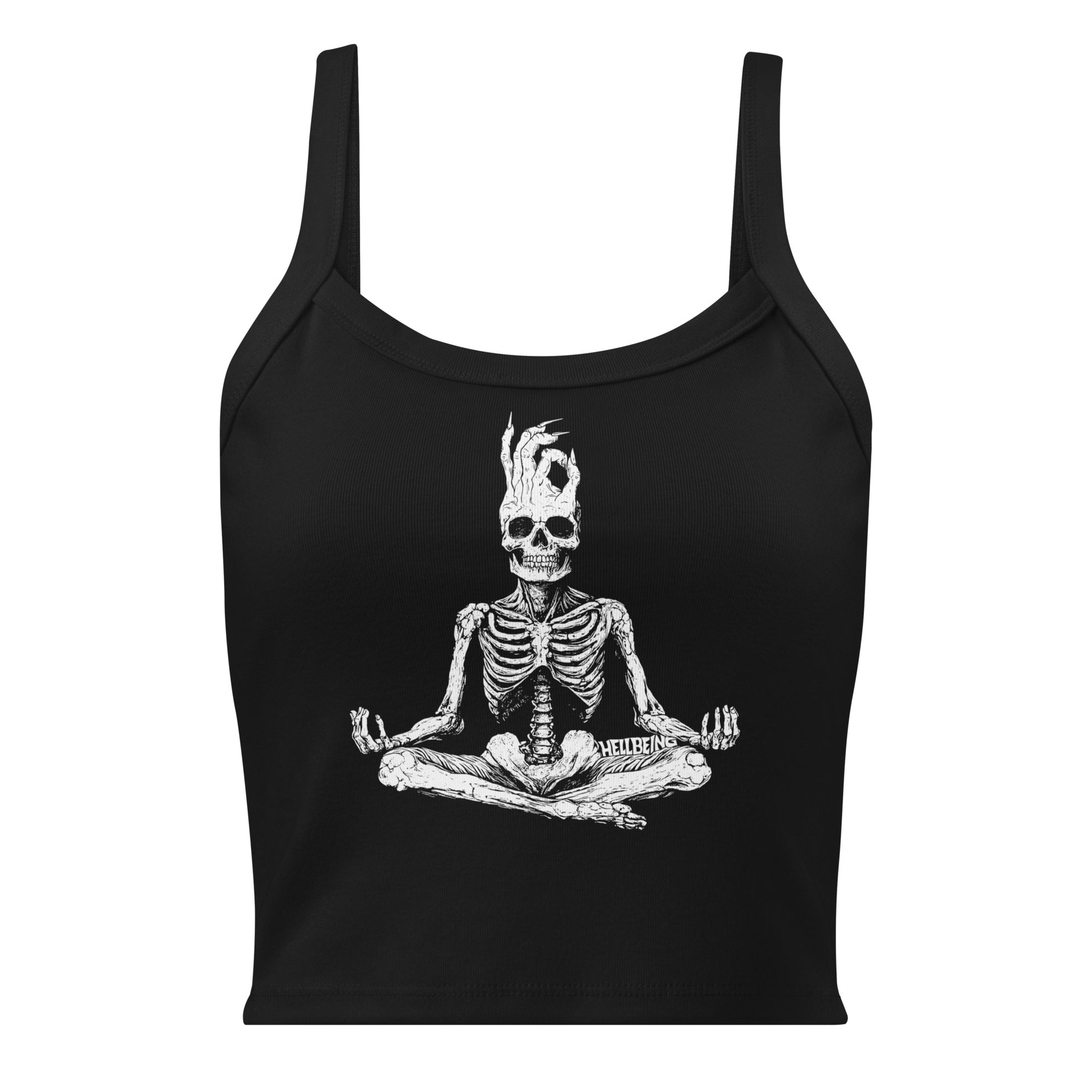 Front view of Hellbeing meditating skeleton micro rib women's tank top