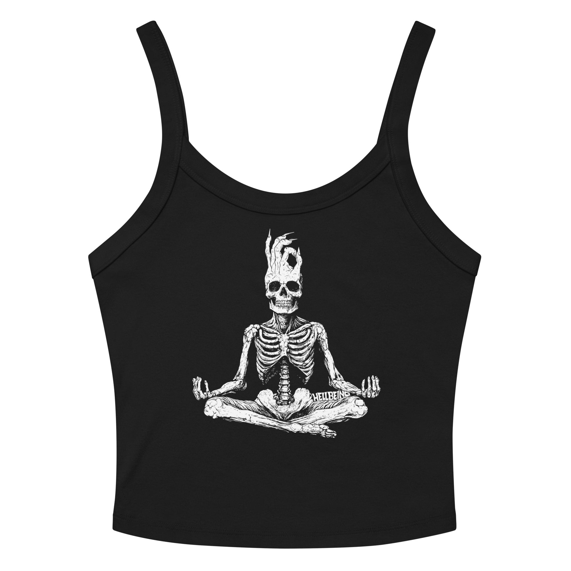 Front view of Hellbeing meditating skeleton micro rib women's tank top