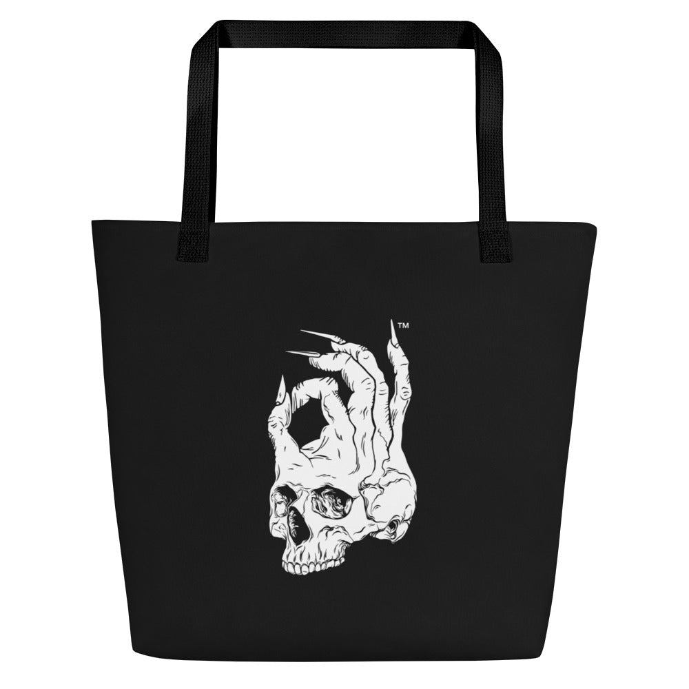 Front view of Hellbeing skull logo black large tote bag