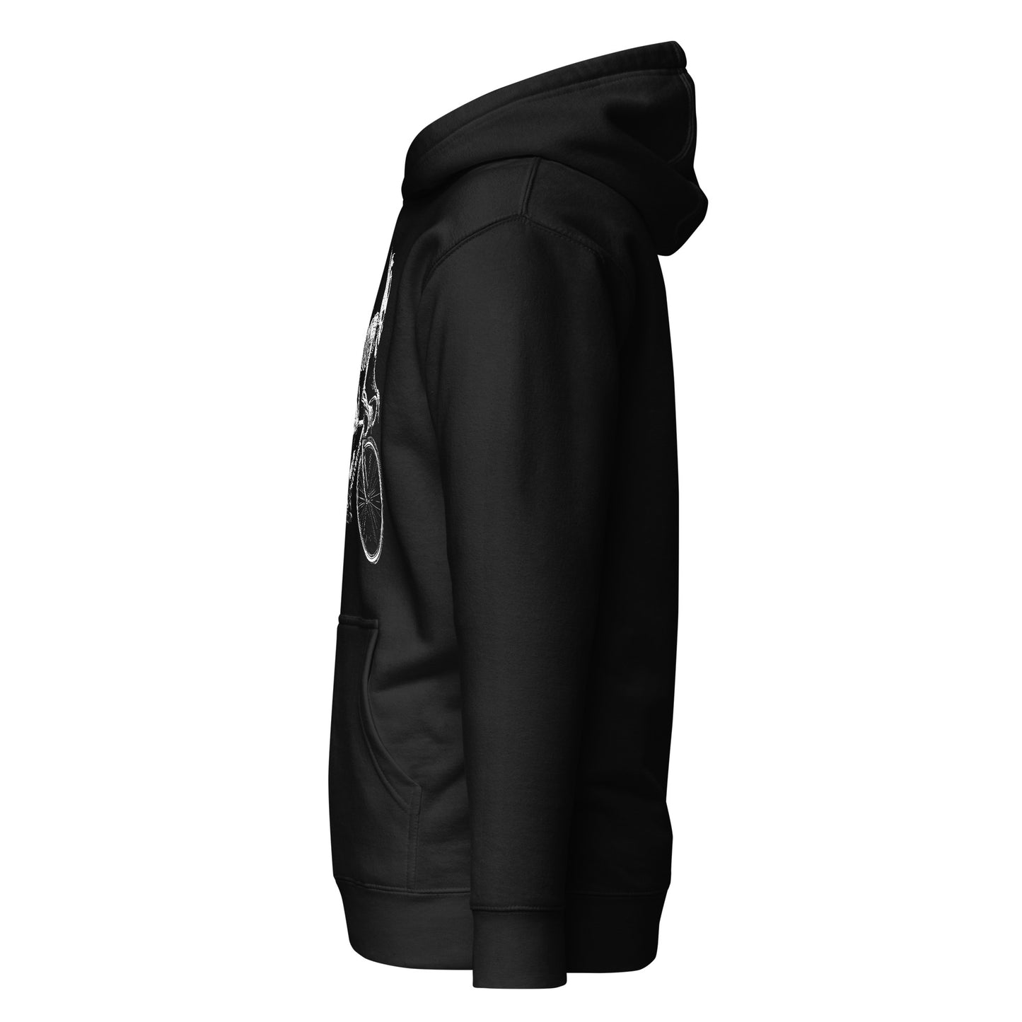 Left side view of the Hellbeing Cycling skeleton black hoodie