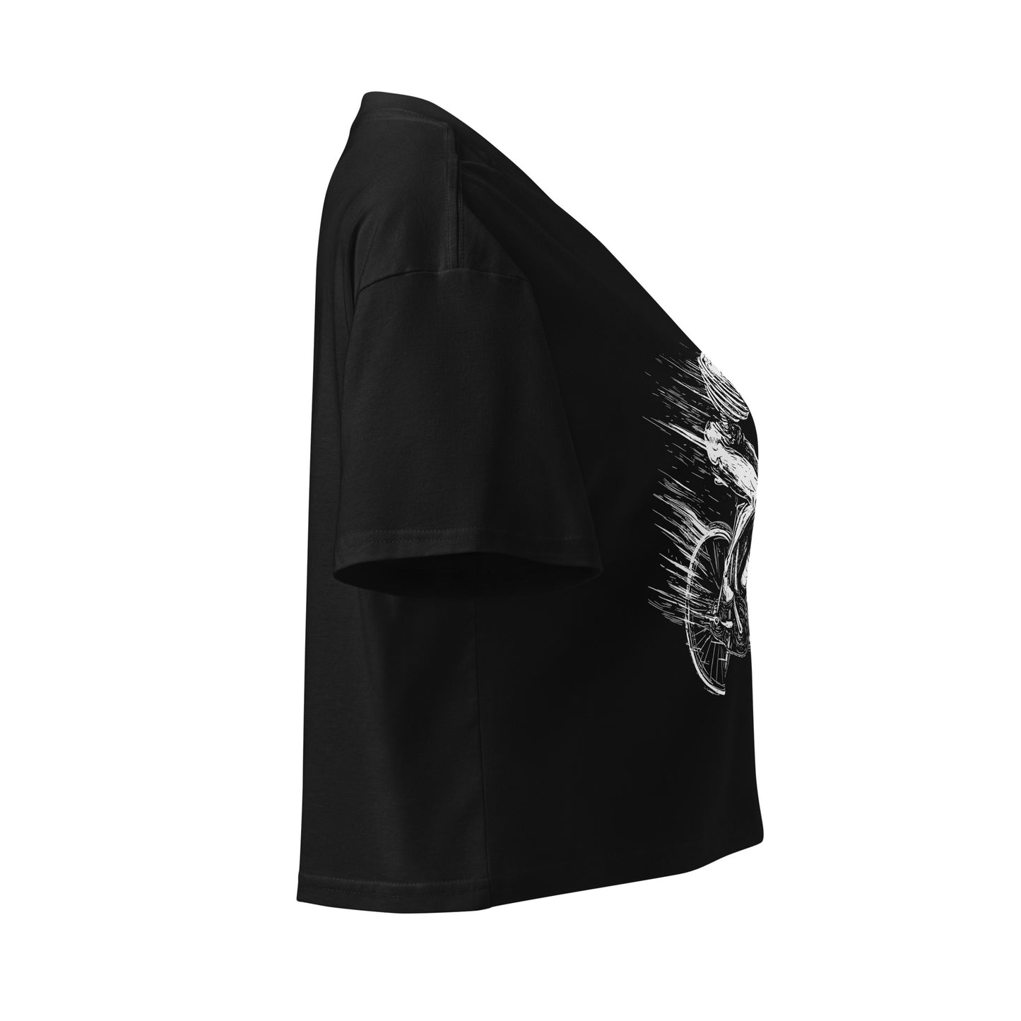 Right side view of the Hellbeing Cycling skeleton women's black crop top