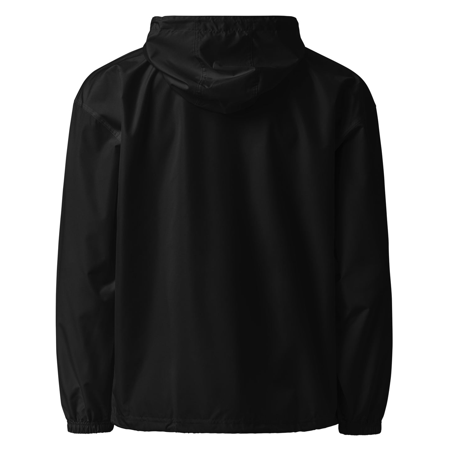 Back view of black Hellbeing Embroidered Champion packable jacket