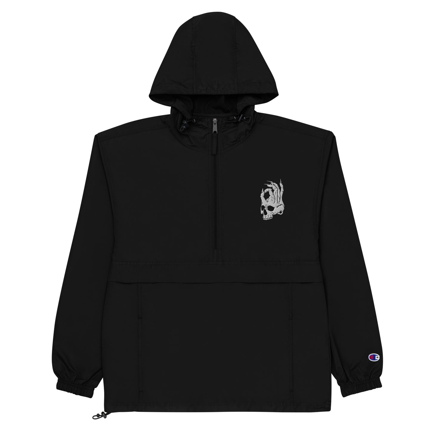 Front view of black Hellbeing Embroidered Champion packable jacket
