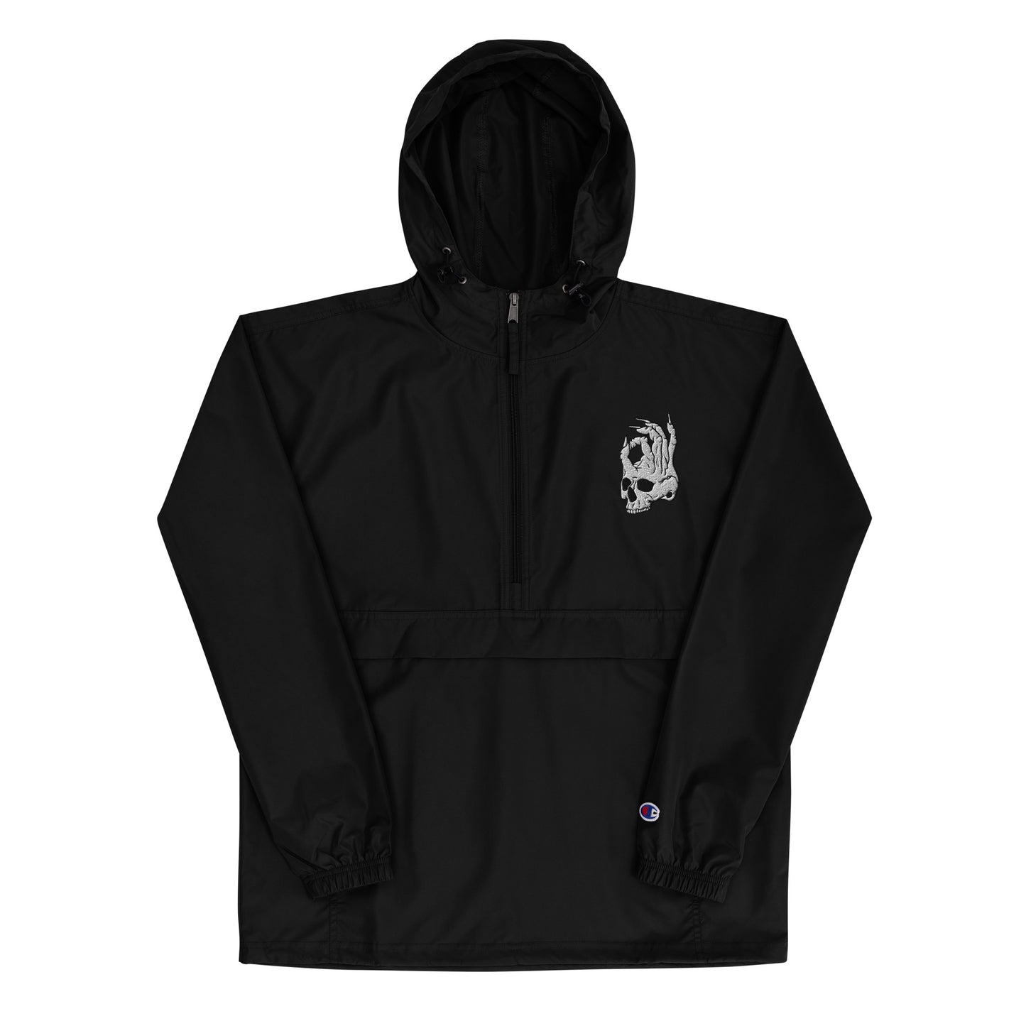 Front view of black Hellbeing Embroidered Champion packable jacket