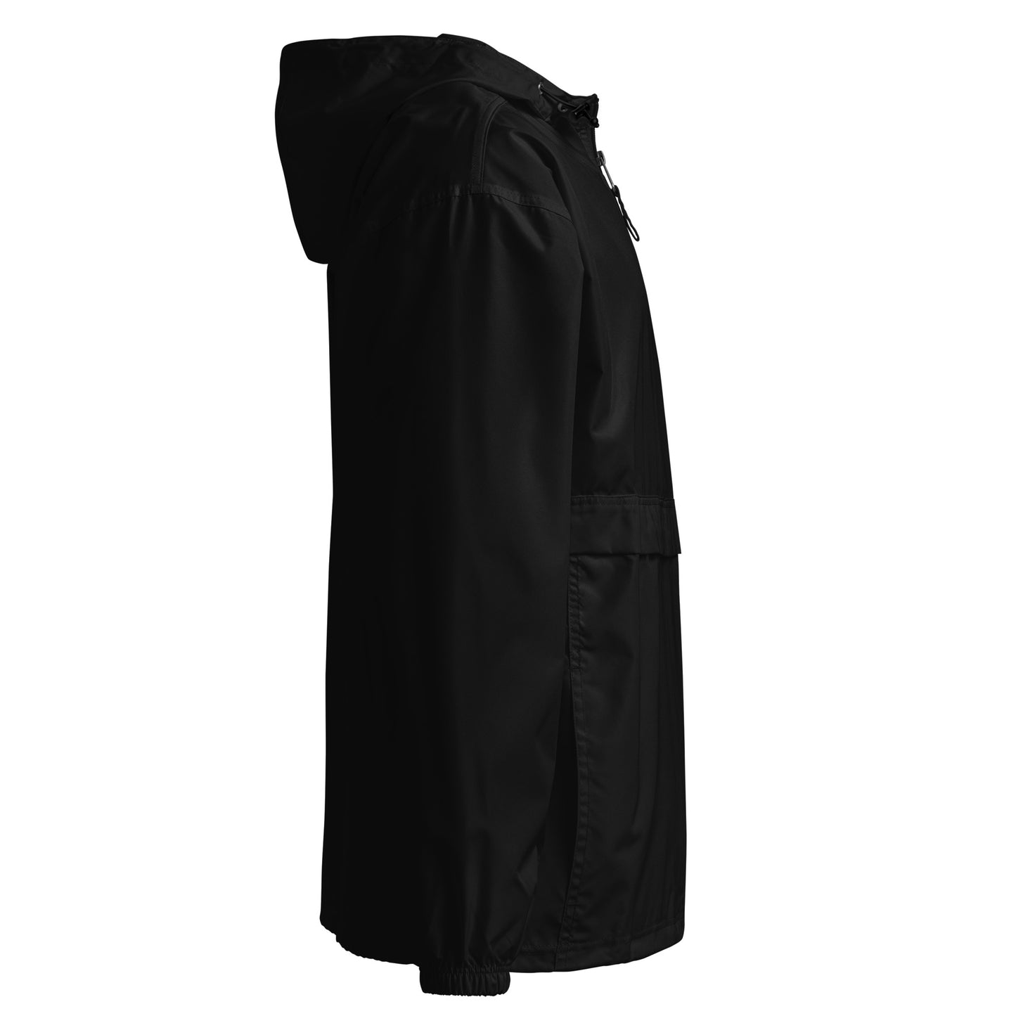 Right side view of black Hellbeing Embroidered Champion packable jacket