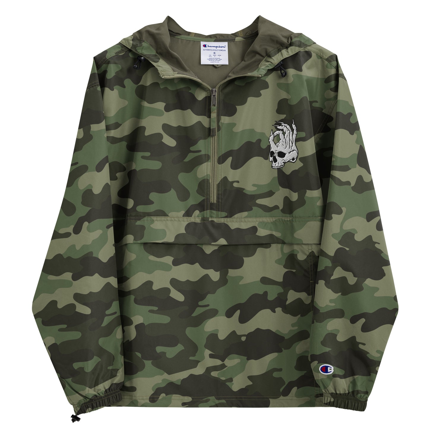 Front view of Camo Hellbeing Embroidered Champion packable jacket