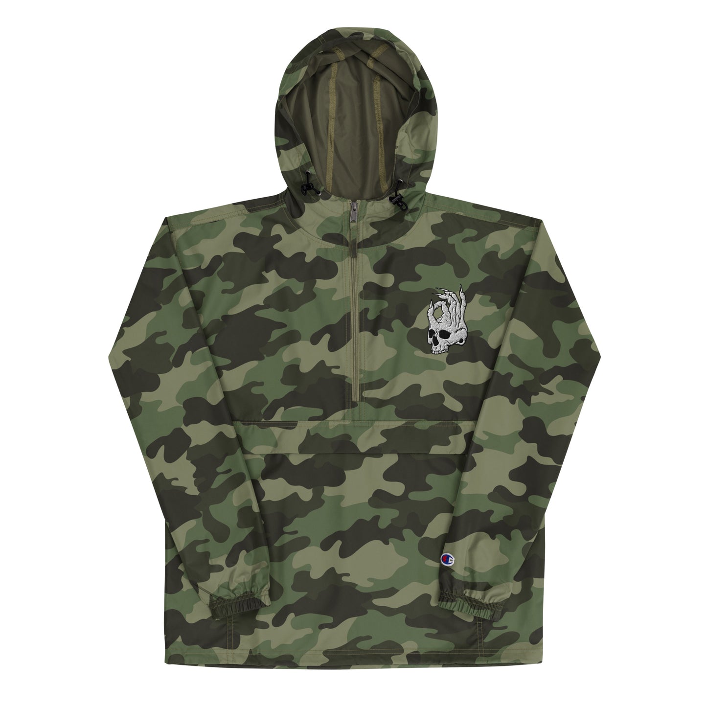 Front view of Camo Hellbeing Embroidered Champion packable jacket