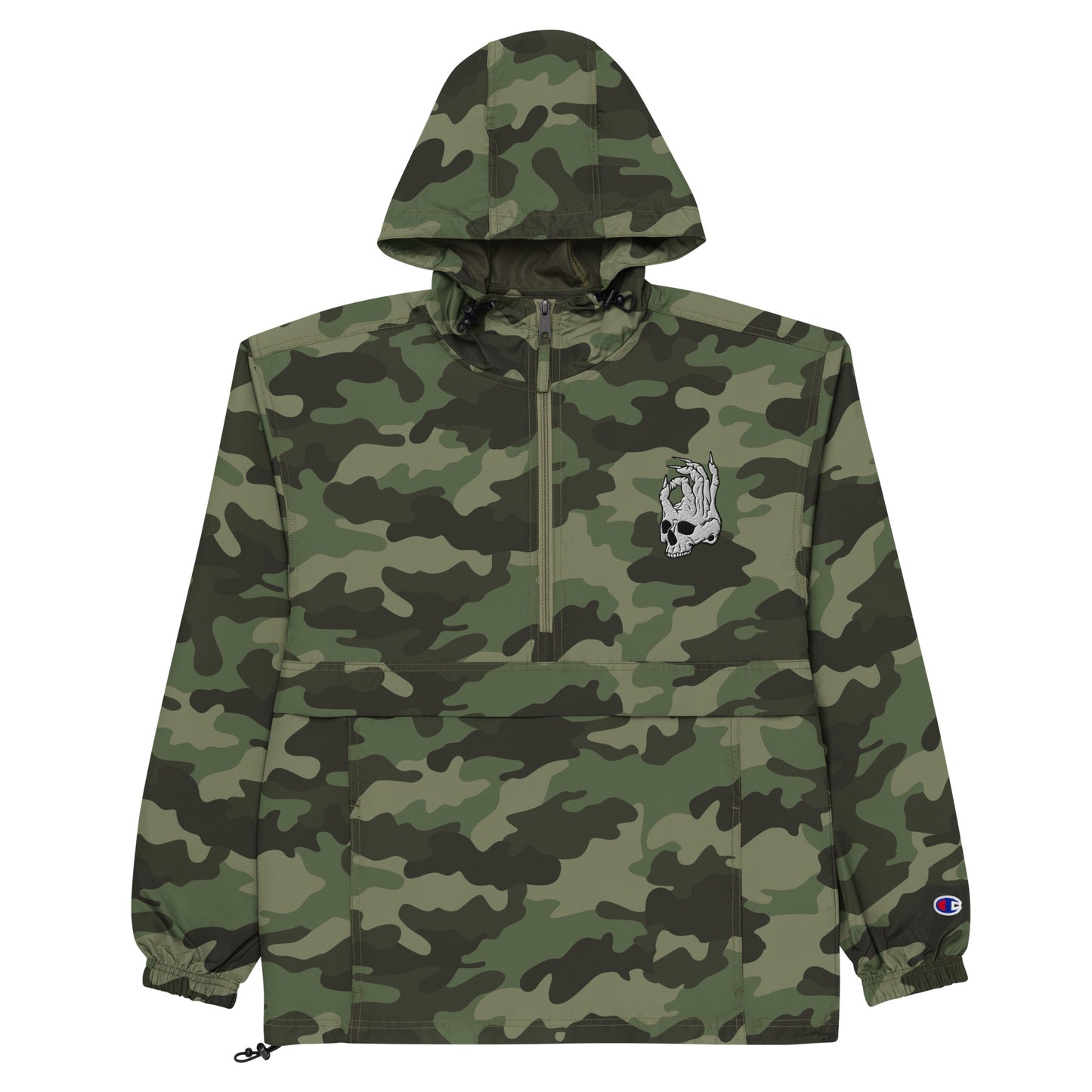 Front view of Camo Hellbeing Embroidered Champion packable jacket