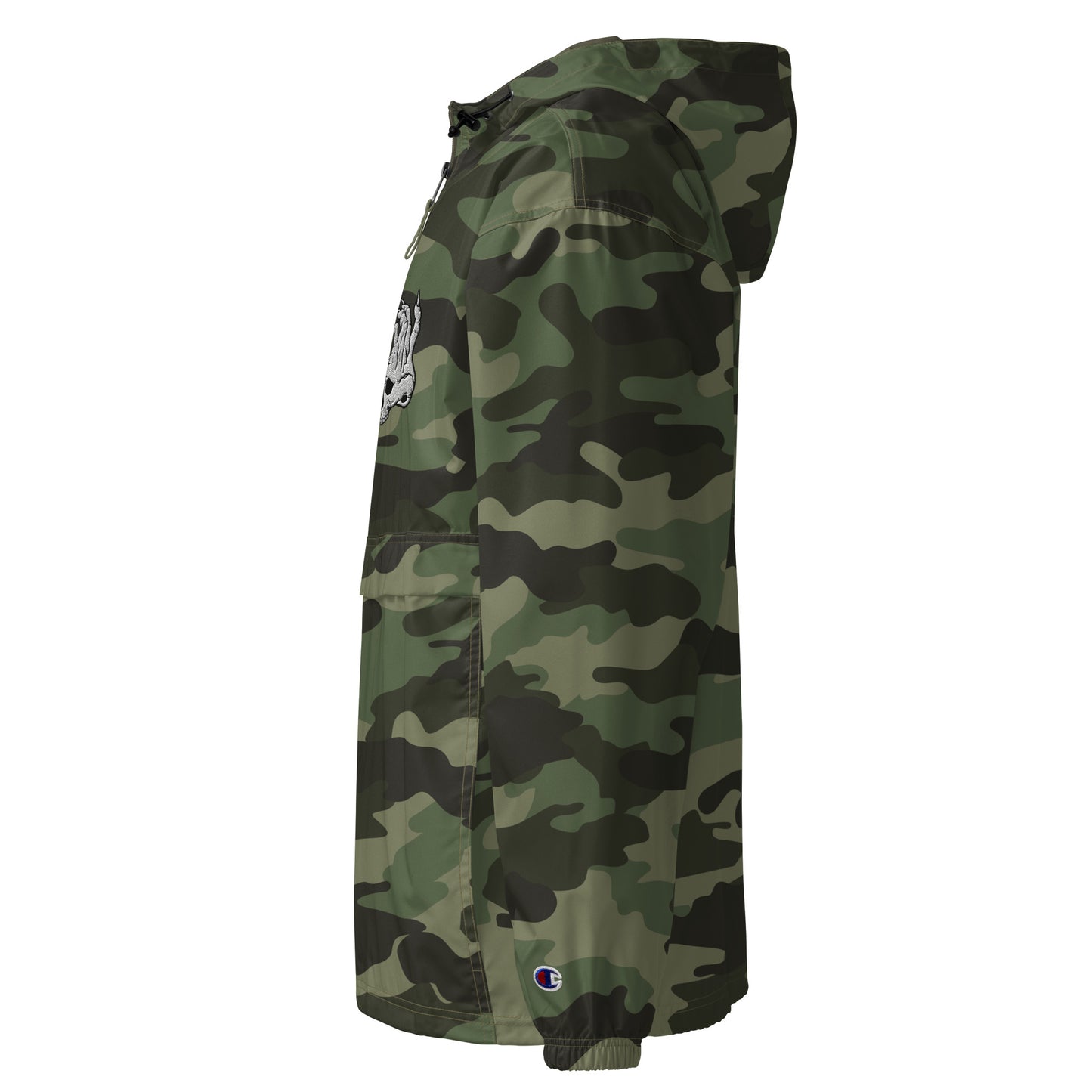 Left side view of Camo Hellbeing Embroidered Champion packable jacket