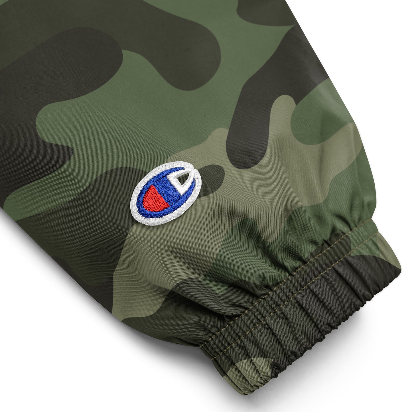 Zoomed in sleeve detail view of Camo Hellbeing Embroidered Champion packable jacket