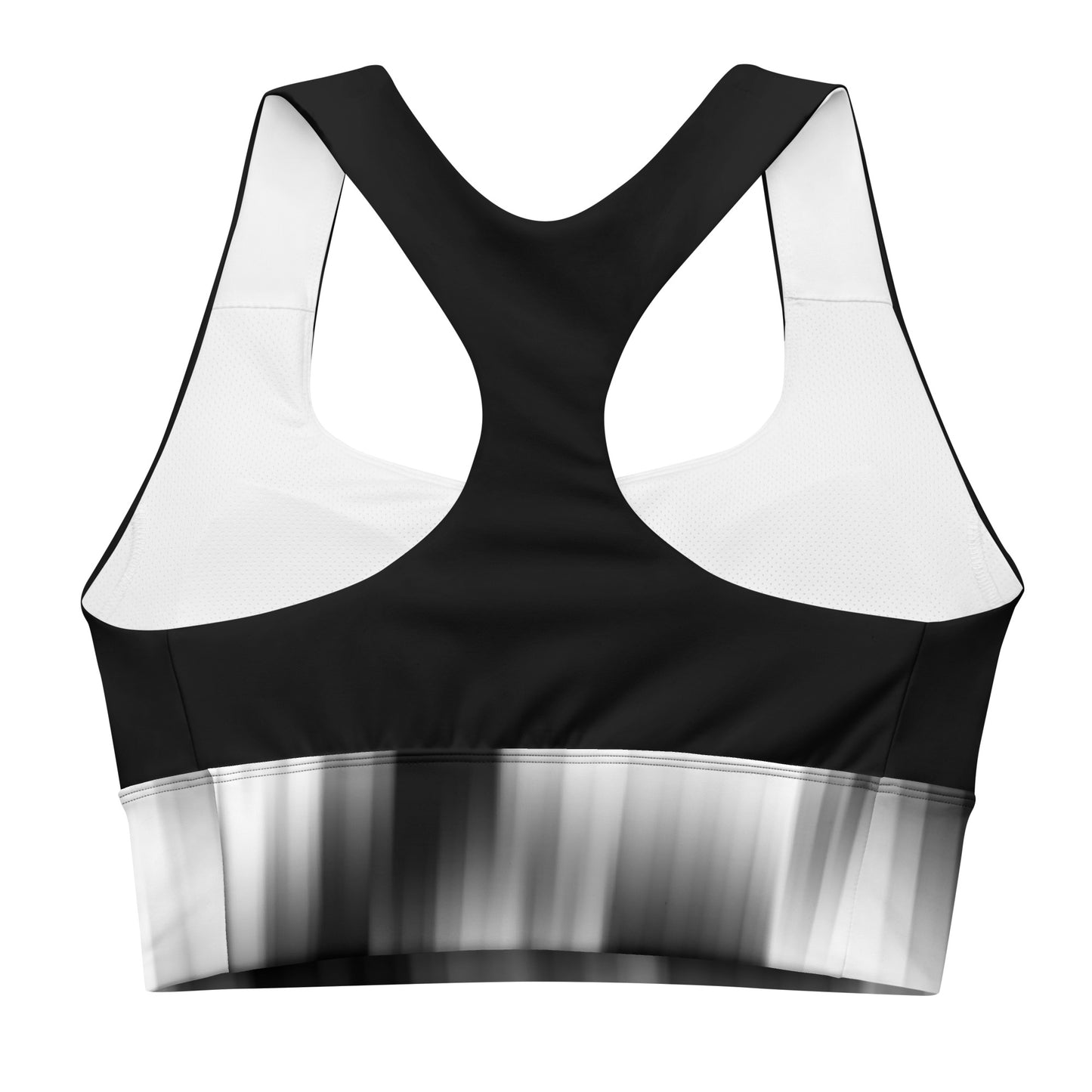 Back view of the Hellbeing recycled women's sports bra in black and grayscale