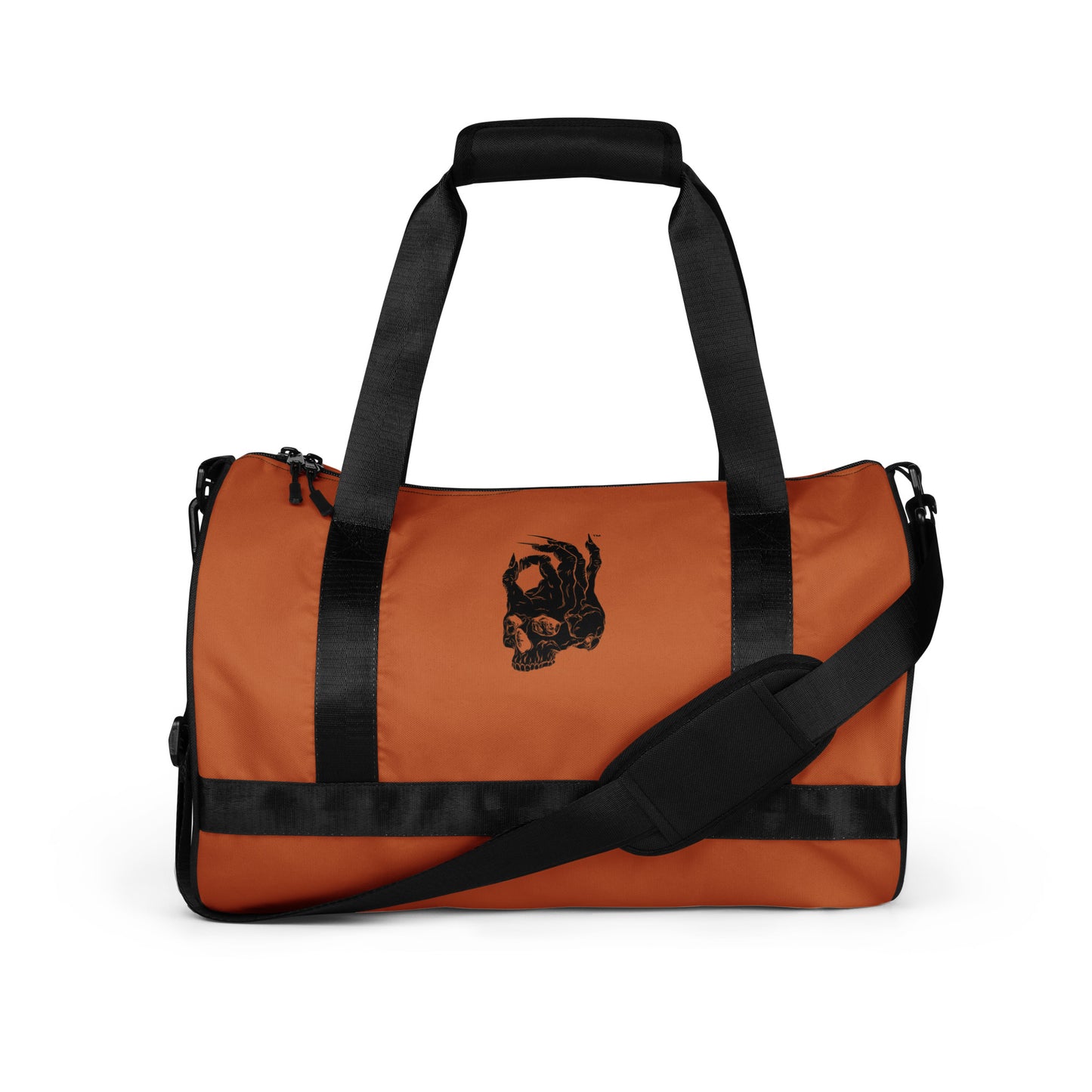 Front view of Hellbeing black and burnt orange gym bag