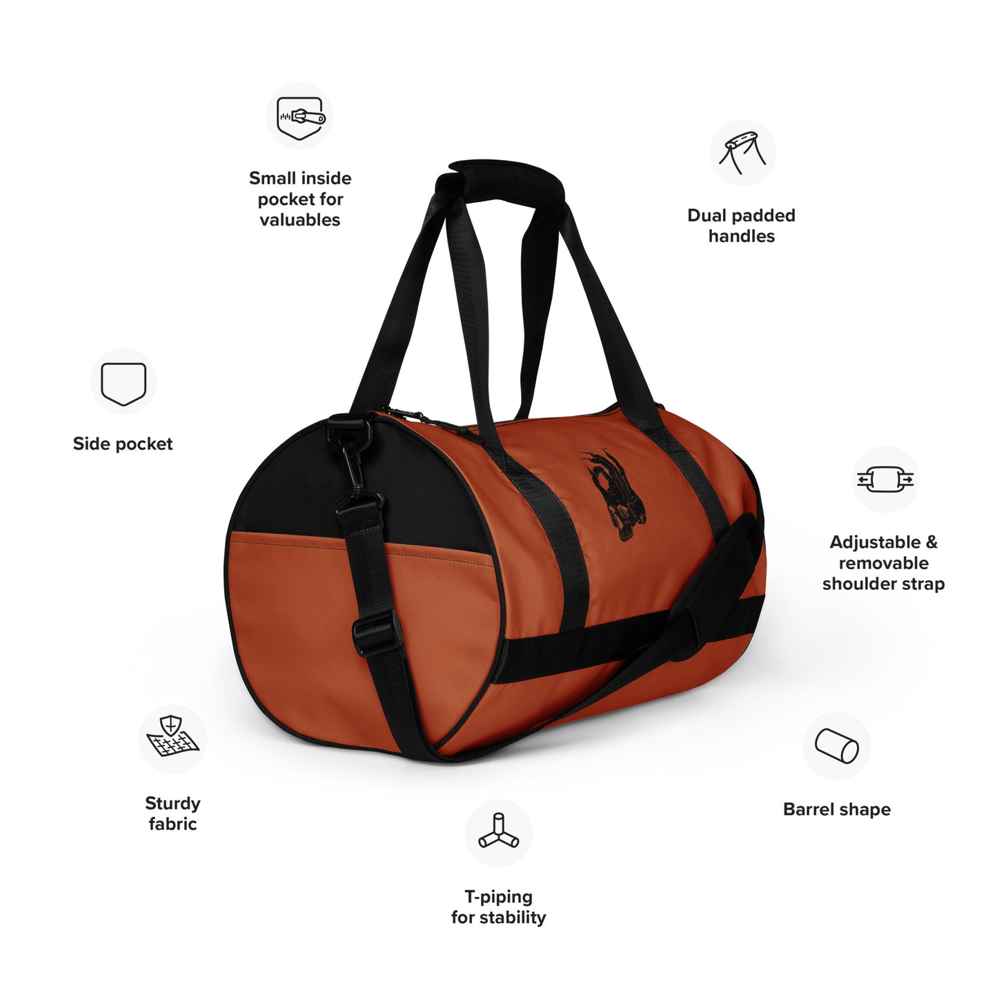 Front detail view of Hellbeing black and burnt orange gym bag