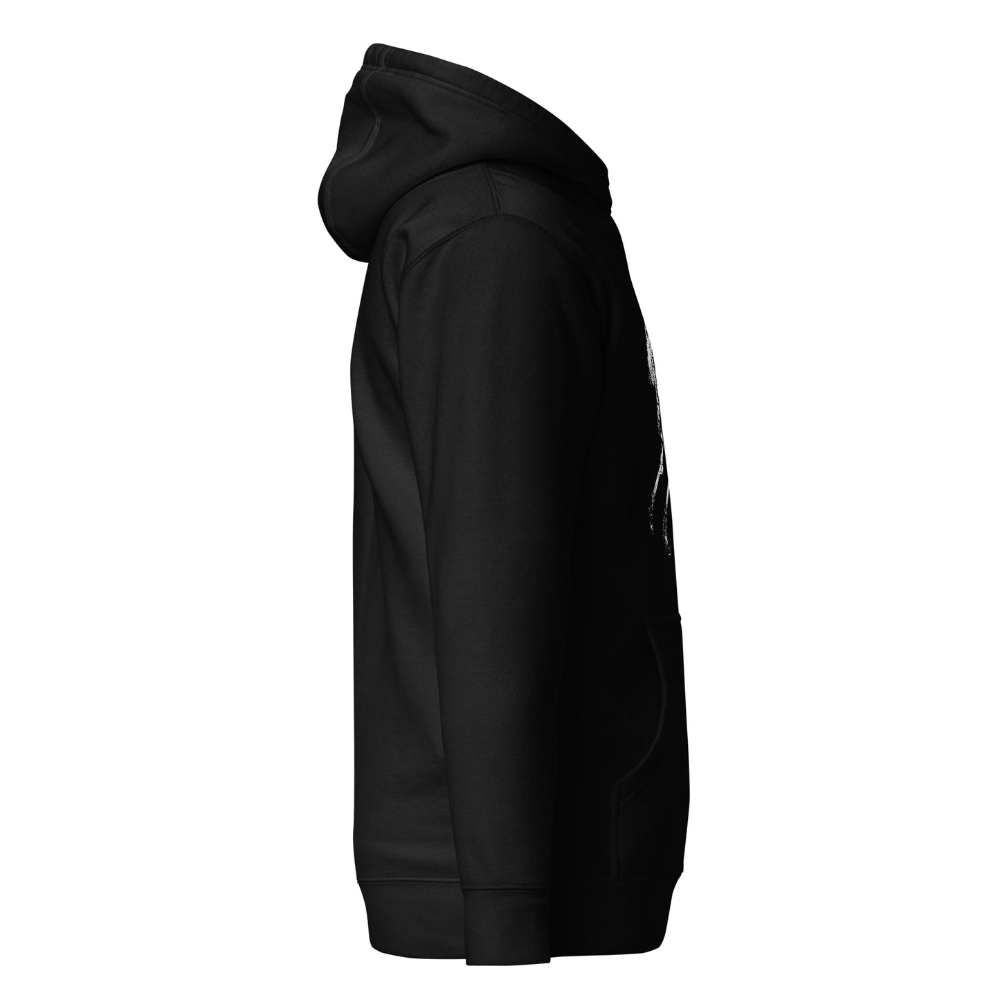 Right side view of the Hellbeing hiking skeleton black hoodie