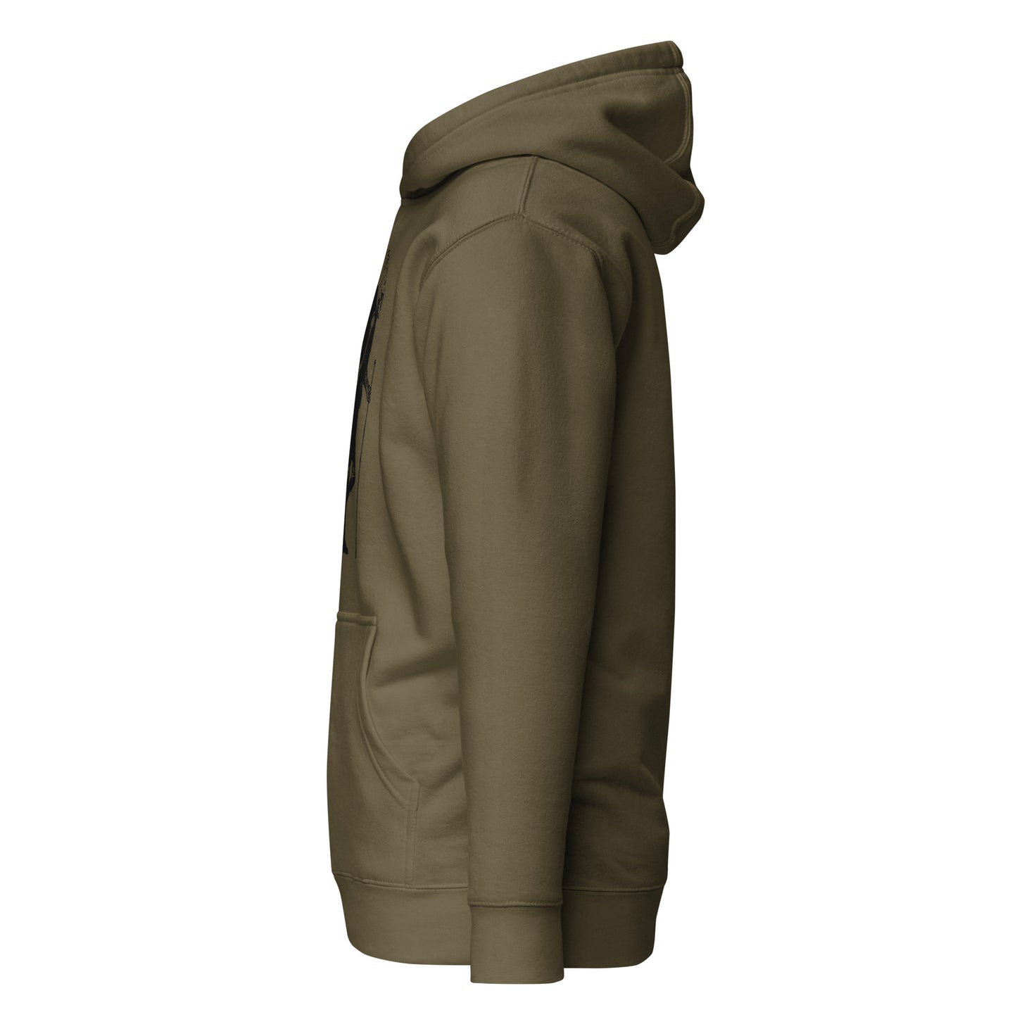 Left side view of the Hellbeing military green hiking skeleton hoodie