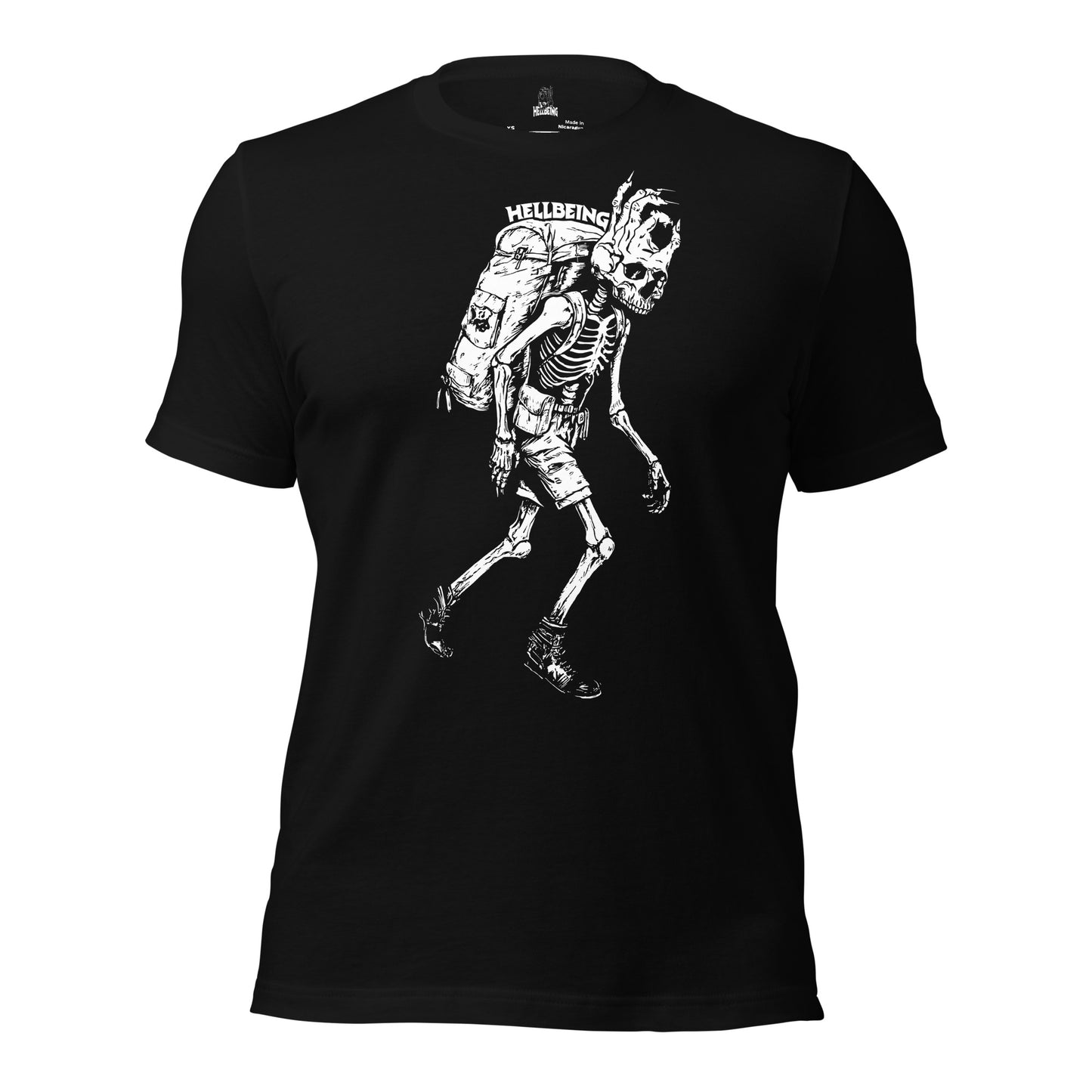 Front view of the Hellbeing hiking skeleton black t-shirt