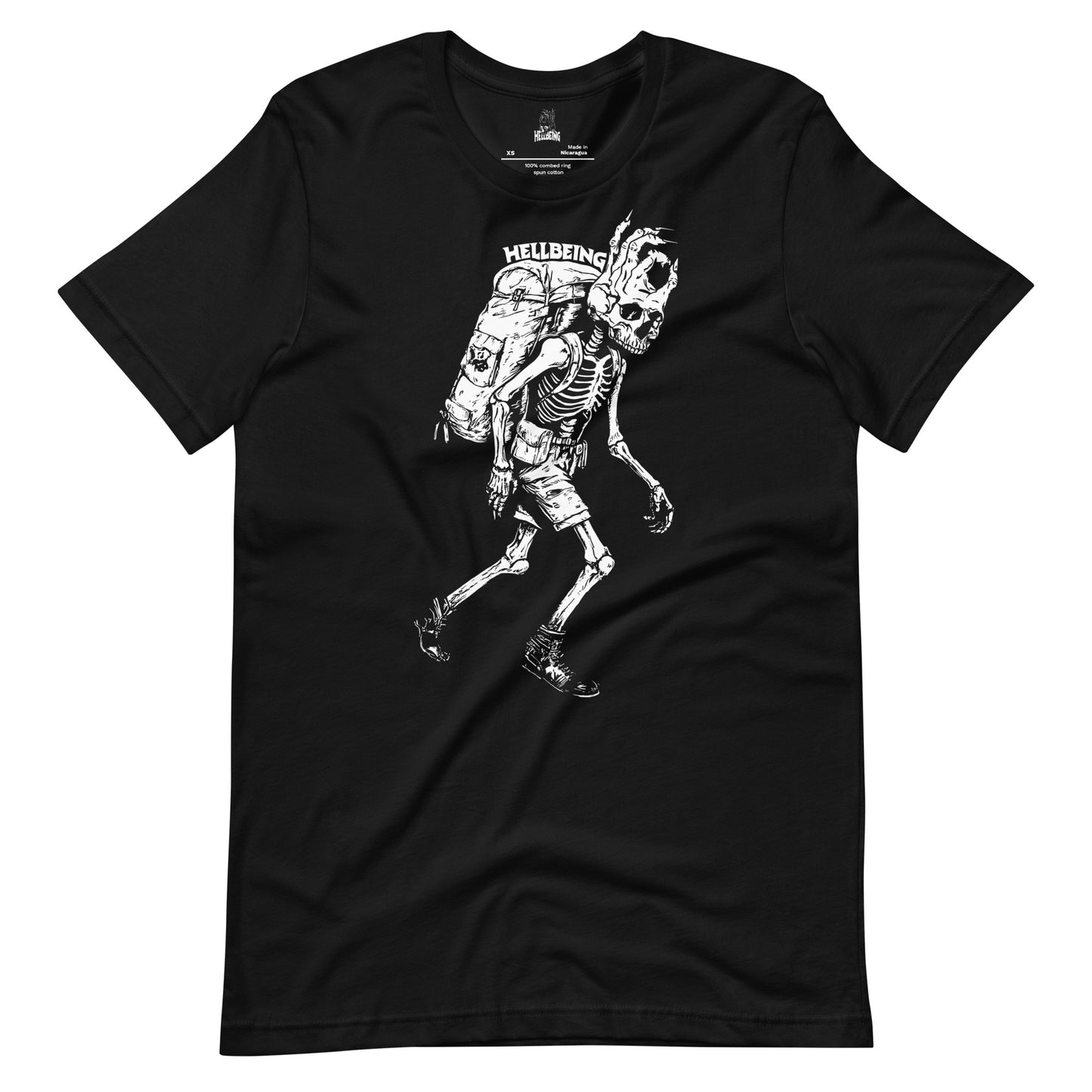 Front view of the Hellbeing hiking skeleton black t-shirt