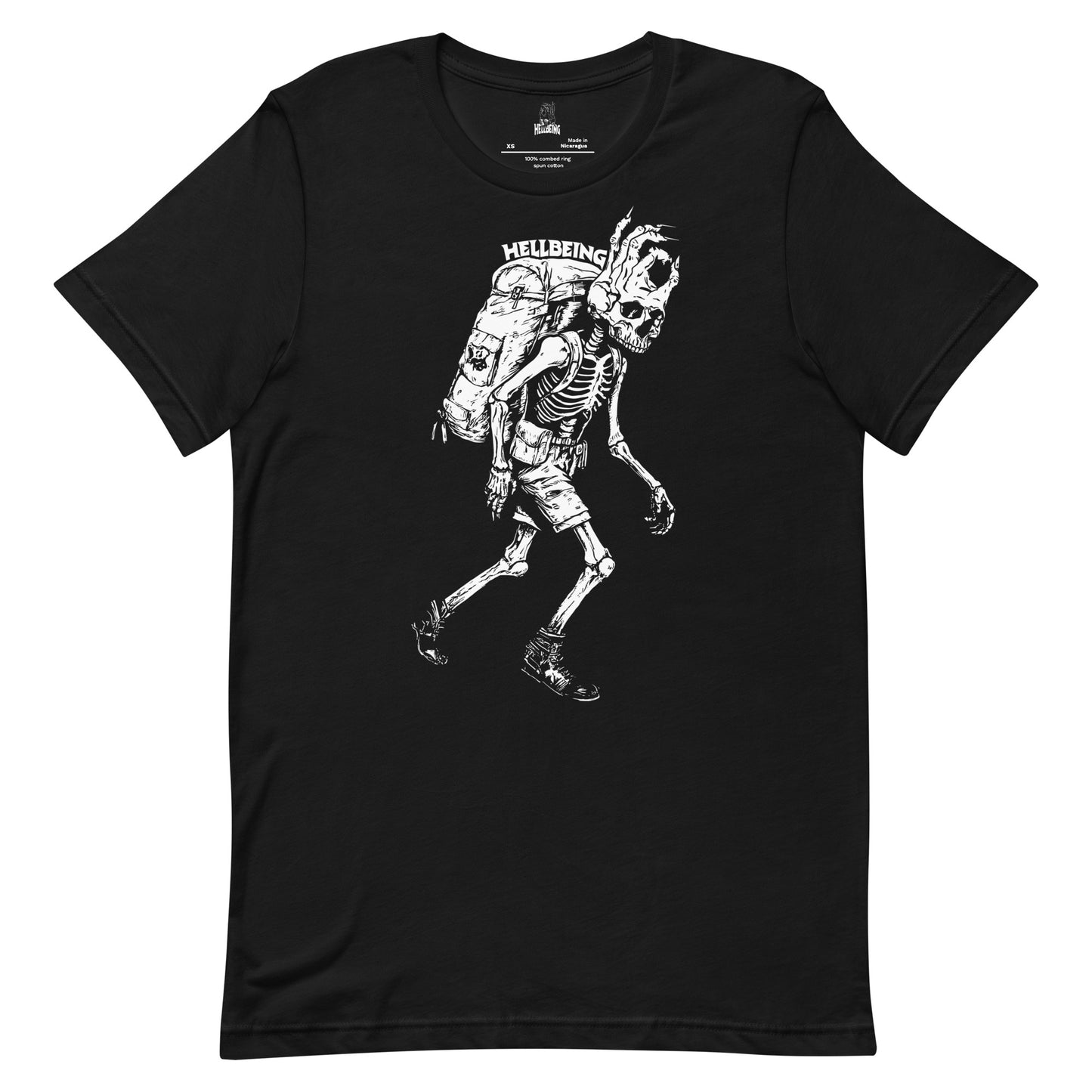 Front view of the Hellbeing hiking skeleton black t-shirt